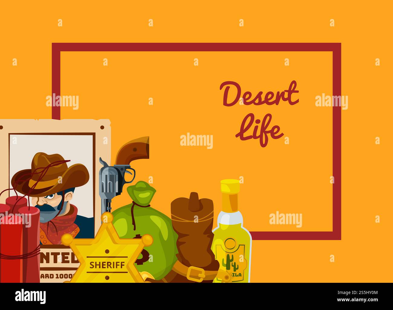 Vektor-Zeichentrick wilde Westen Elemente Hintergrund mit Platz für Textabbildung. Vektor-Cartoon wilde Westen Elemente Hintergrund farbig Stock Vektor