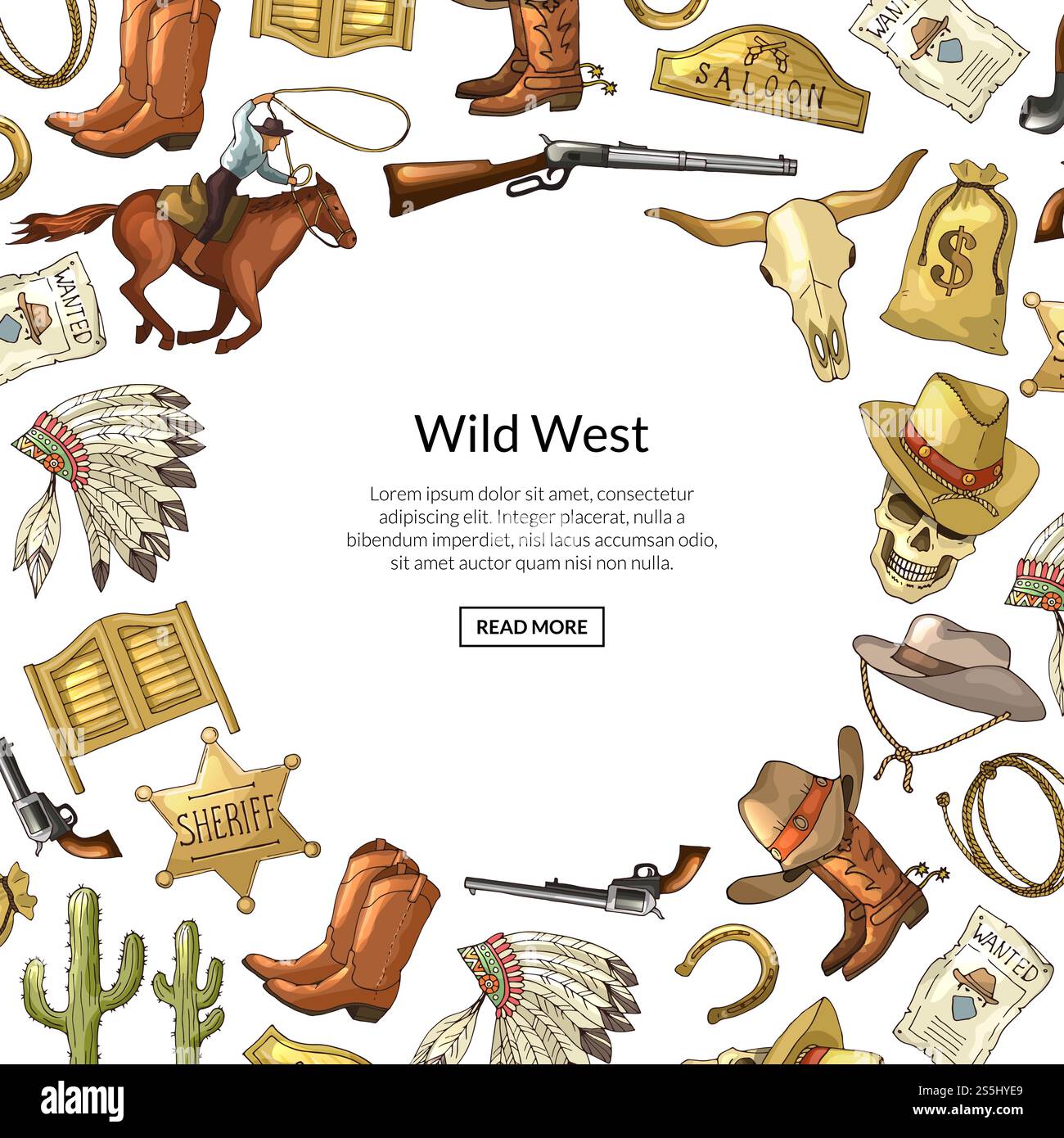 Vektor Hand gezeichnet Wild West Cowboy Elemente Hintergrund mit Platz für Textabbildung. Westlicher Hintergrund und wilder amerikanischer Westen, Hufeisen- und indische Kopffedern. Vektor Hand gezeichnet Wild West Cowboy Elemente Hintergrund mit Platz für Textabbildung Stock Vektor