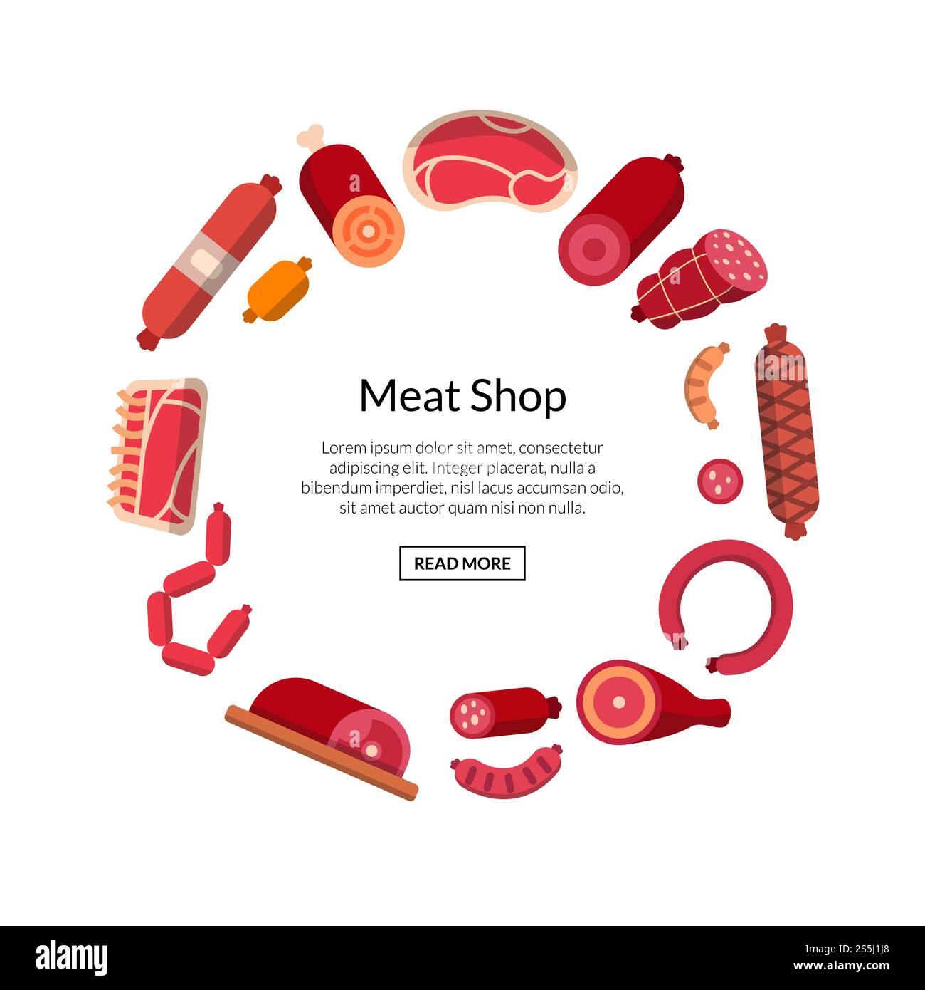 Vektor flache Fleisch- und Würstchen-Symbole in Kreisform mit Platz für Textabbildung. Vektor Flachfleisch und Würstchen Ikonen isoliert Stock Vektor