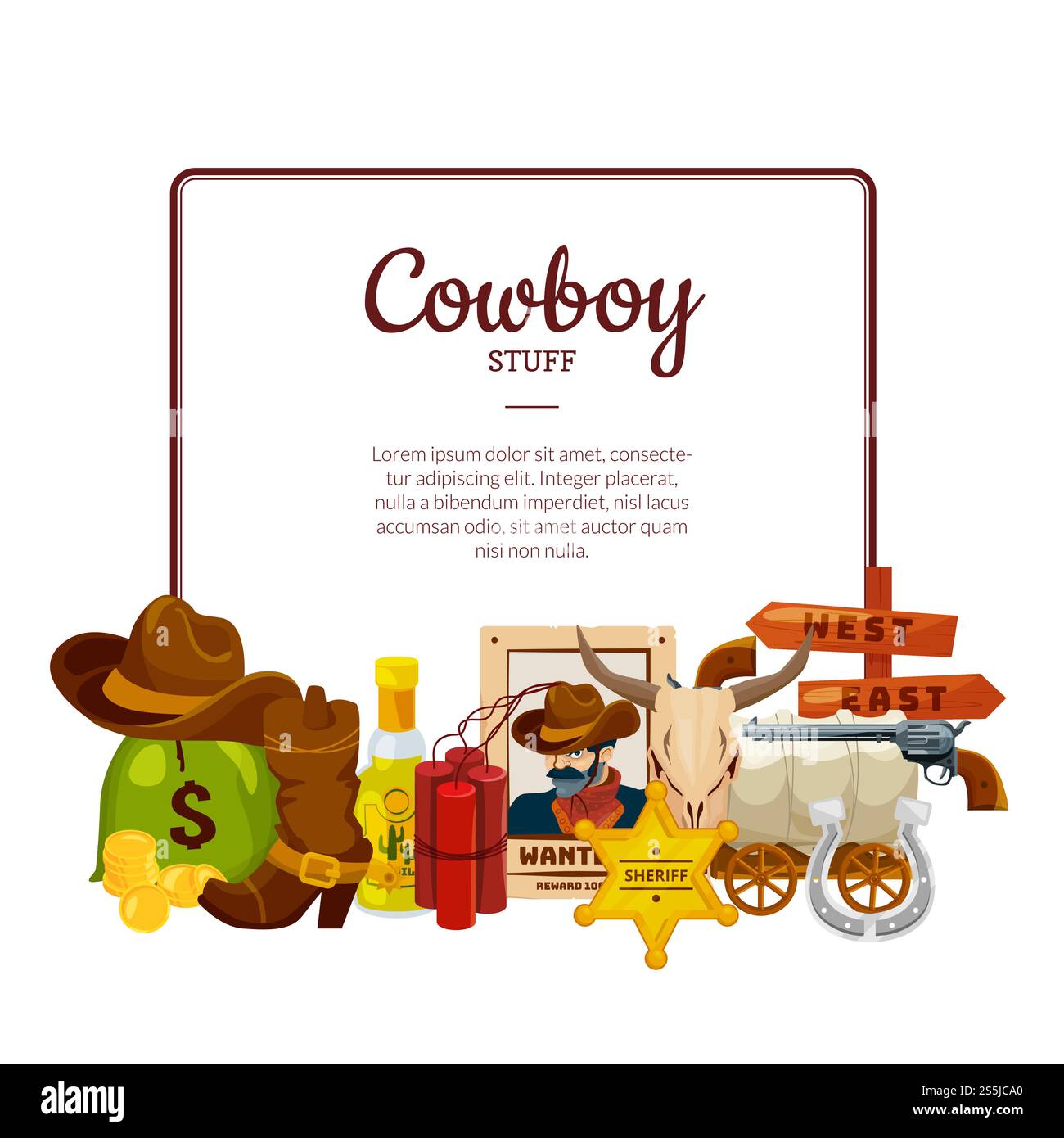 Vektor-Zeichentrickfilm Wild West Elemente unter Rahmen mit Platz für Textabbildung. Vektor-Zeichentrickfilm Wild West-Elemente mit Platz für Text Stock Vektor