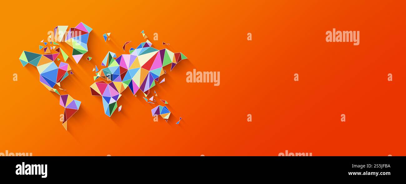 Weltkartenform aus bunten Polygonen. 3D-Illustration isoliert auf einem orangefarbenen Hintergrund. Horizontales Banner. Weltkartenform aus bunten Farben Stockfoto