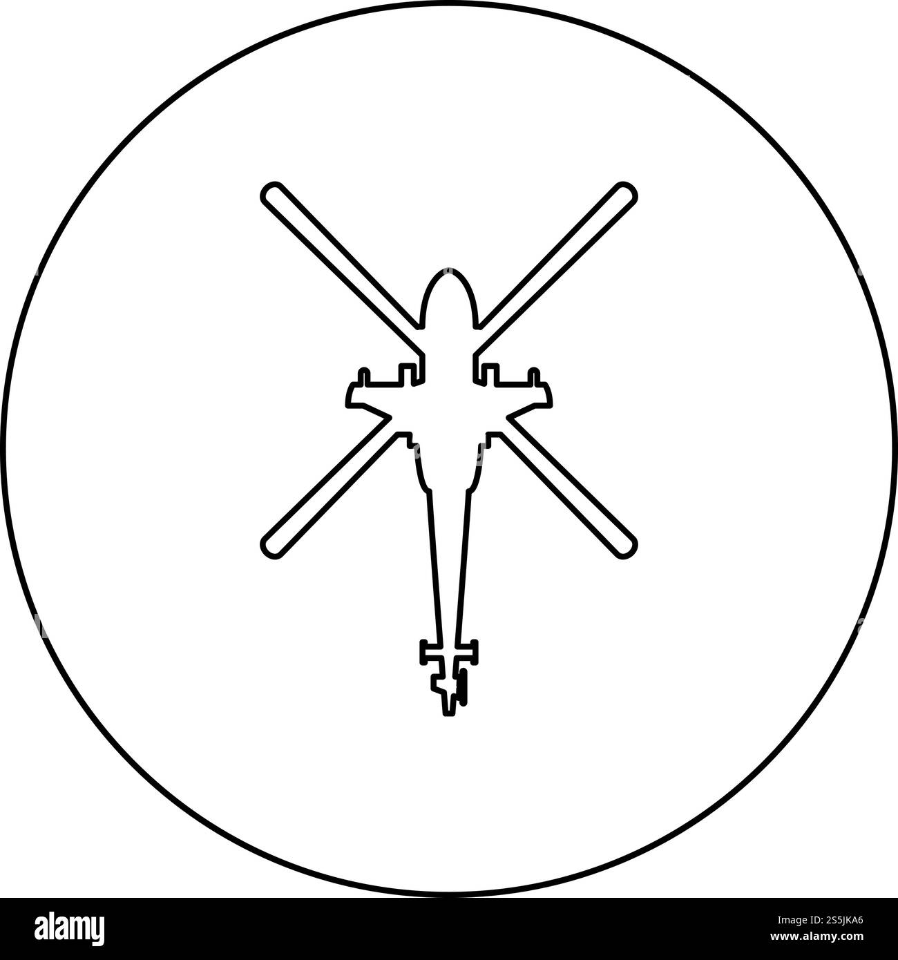 Hubschrauber Draufsicht Kampfhubschrauber Symbol im Kreis rund Umriss schwarz Farbe Vektor Illustration flache Stil einfaches Bild. Hubschrauber Draufsicht Kampfhubschrauber Symbol im Kreis rund Umriss schwarz Farbe Vektor Illustration flach Stil Bild Stock Vektor