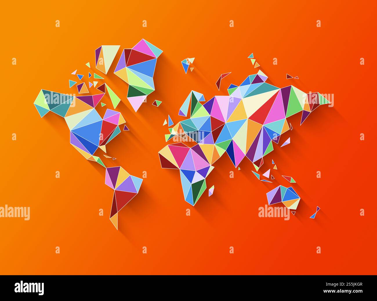 Weltkartenform aus bunten Polygonen. 3D-Illustration isoliert auf einem orangefarbenen Hintergrund. Weltkartenform aus bunten Polygonen. 3D Stockfoto