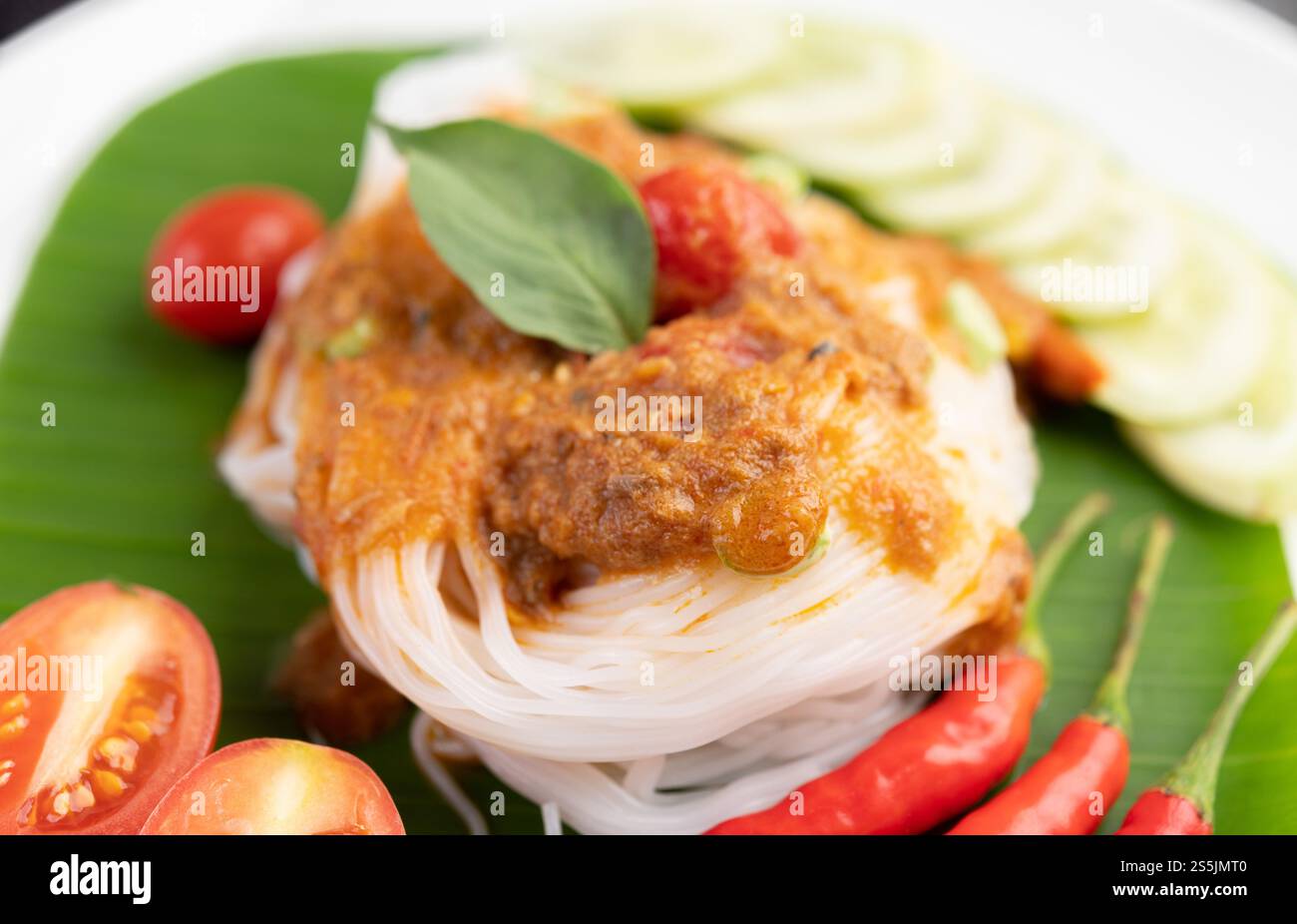 Nudeln mit Kokosmilch, Gemüse und Beilagen. Stockfoto