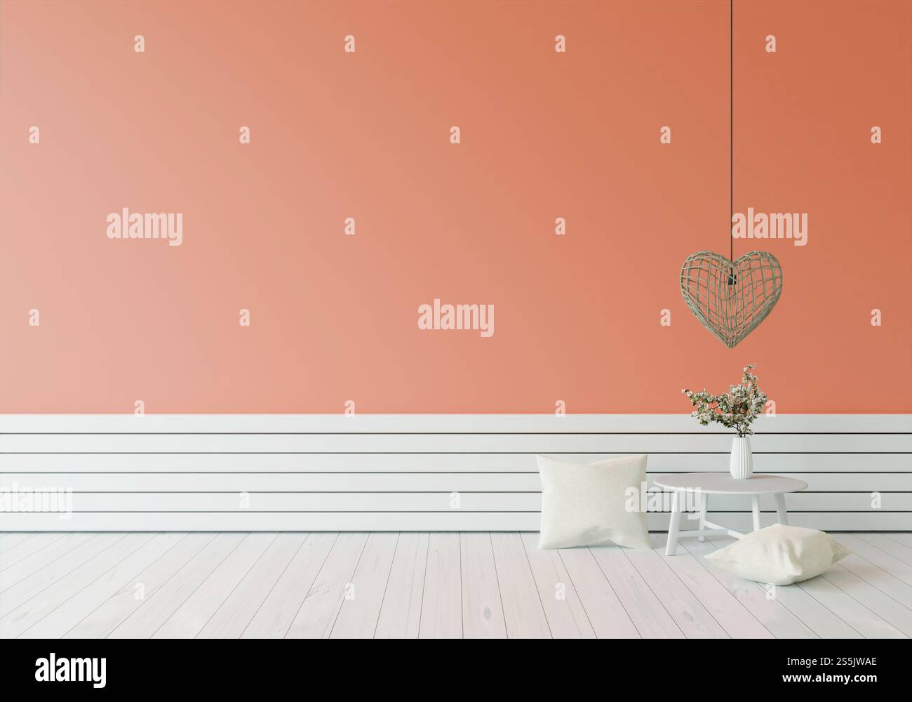 Ein modernes Wohnzimmer mit Holzboden, isoliert auf hellem Hintergrund, 3D-Rendering, 3D-Illustration Stockfoto