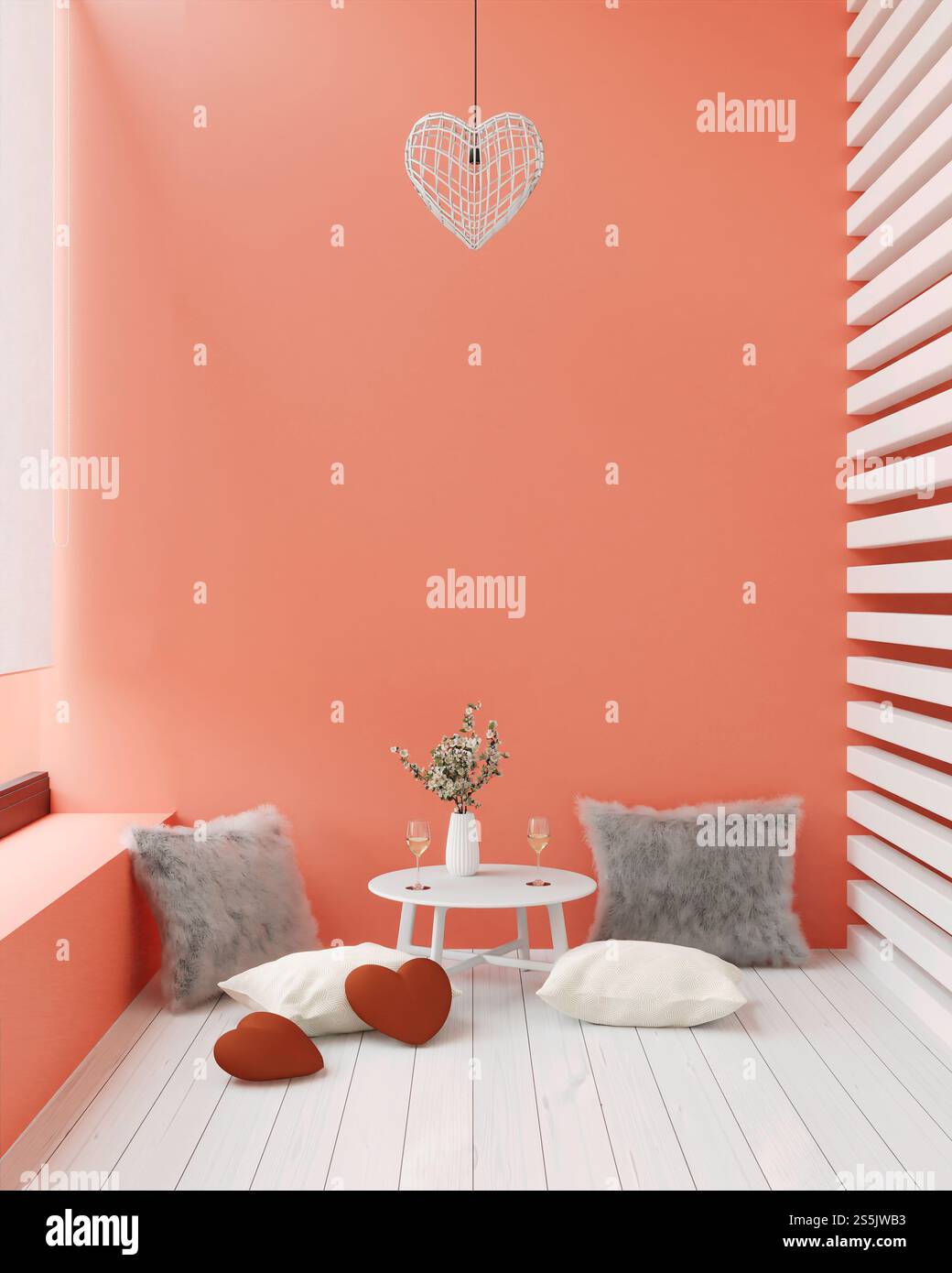 Ein modernes Wohnzimmer mit Holzboden, isoliert auf hellem Hintergrund, 3D-Rendering, 3D-Illustration Stockfoto