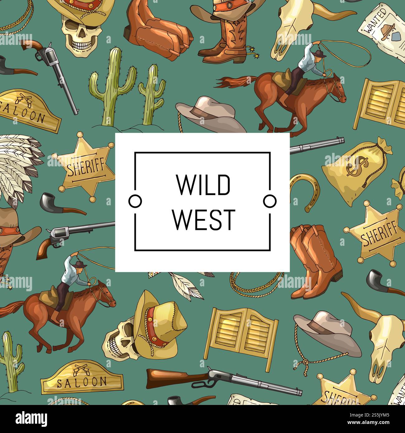 Vektor Hand gezeichnet Wild West Cowboy Elemente Hintergrund farbiges Muster mit Platz für Textabbildung. Vektor-Hand gezeichneter wilder westlicher Cowboy-Hintergrund mit Platz für Textabbildung Stock Vektor