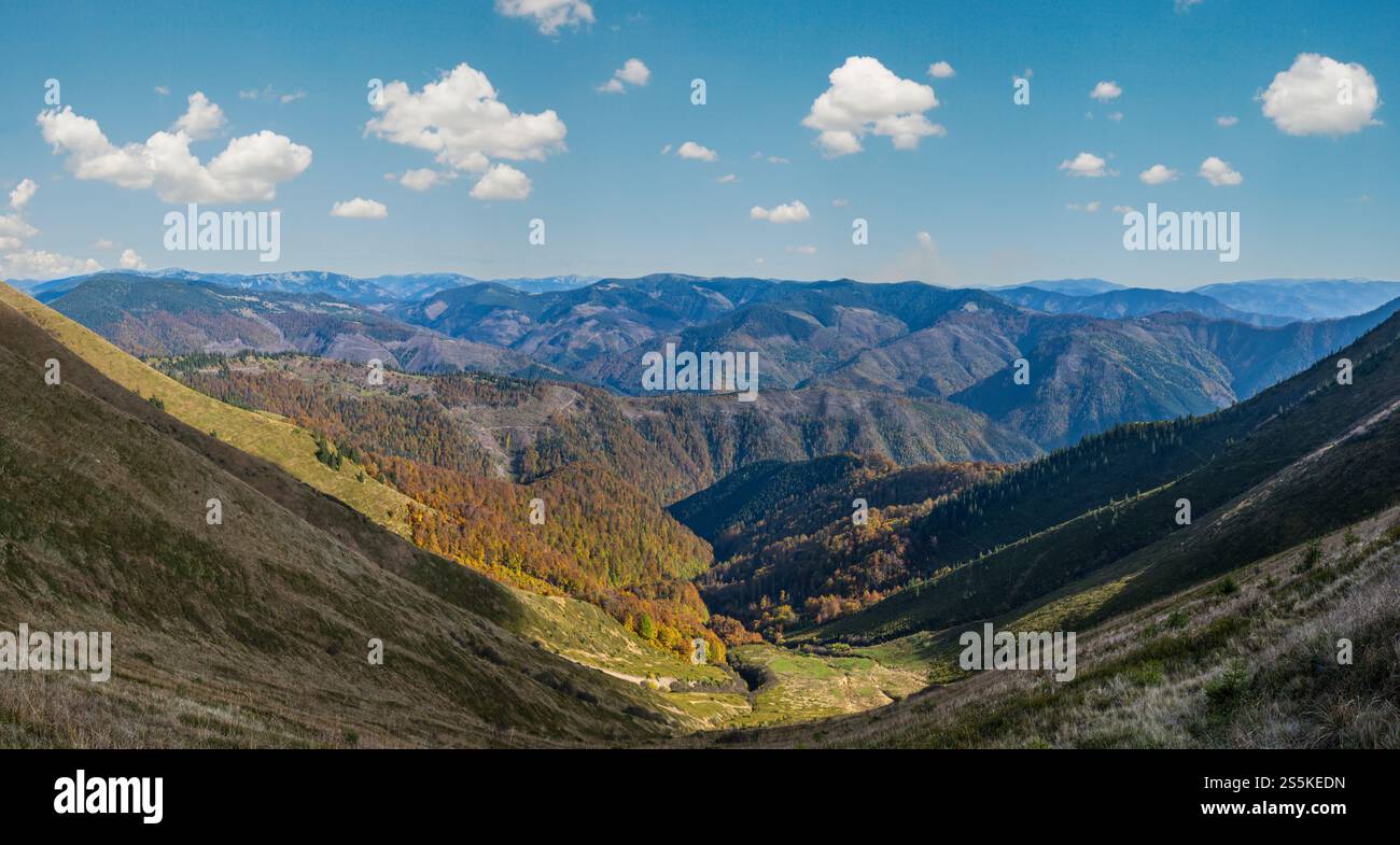 Herbstmorgen Karpaten ruhige malerische Szene, Ukraine. Stockfoto