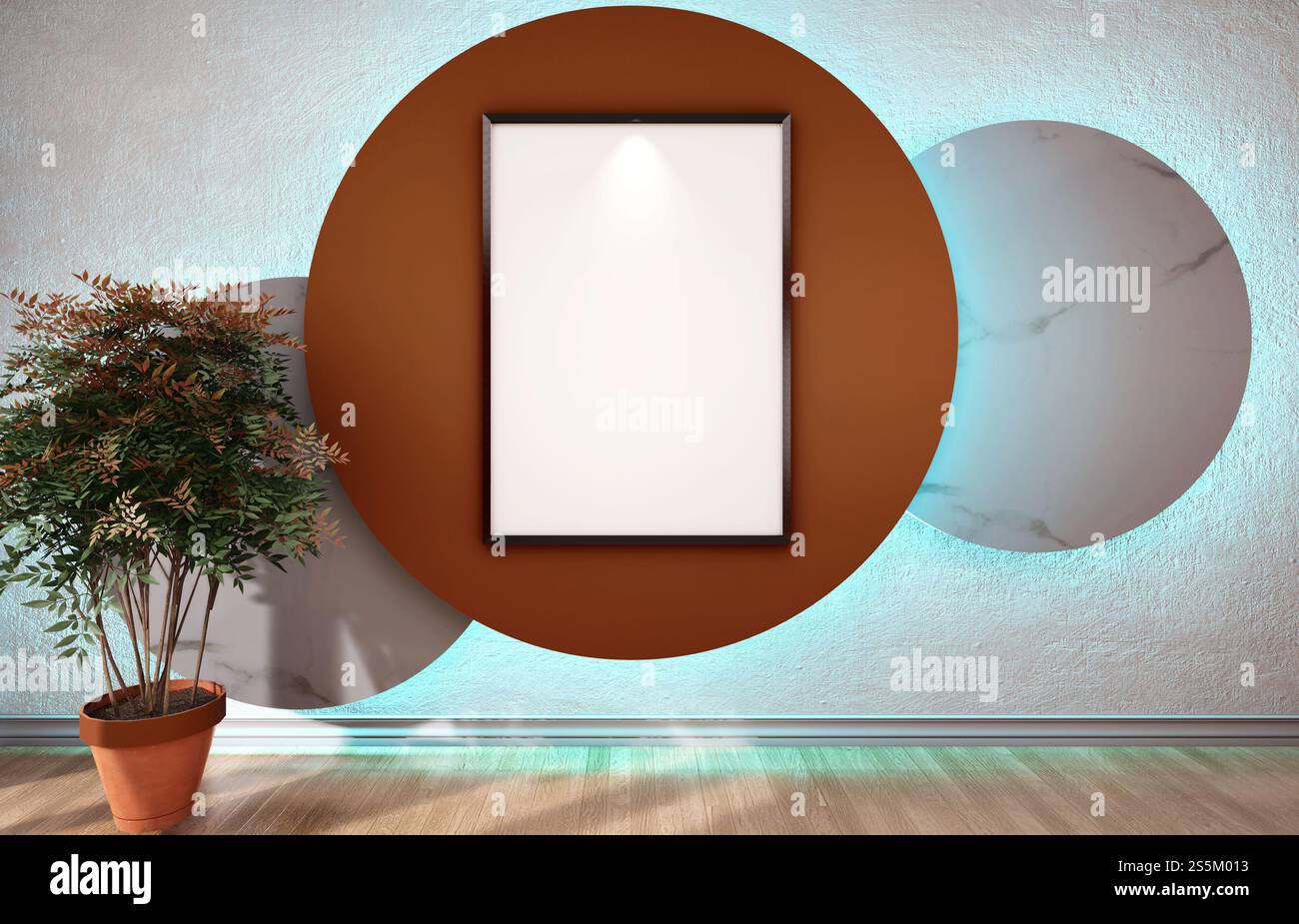3D-Illustration, Design-Inneneinrichtung im skandinavischen Stil Wohnzimmer Mockup Fotorahmen im Kreis an der Wand, Pflanzen im Topf auf Holzboden, 3D-Rendering. Stockfoto