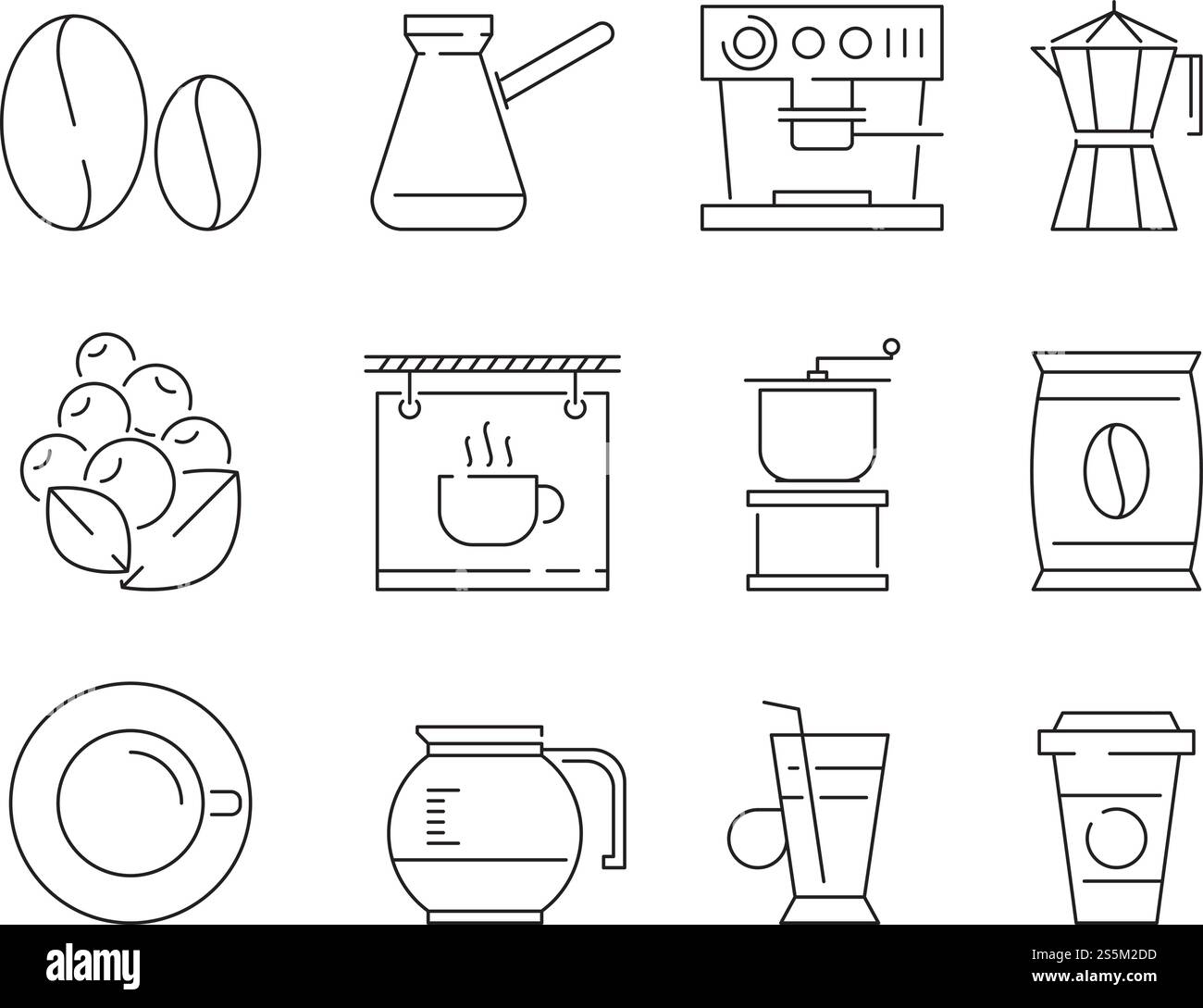 Symbol Kaffeezeit. Tee und heiße Getränke Becher bearbeiten Nahrungsmittelmaschine irischer Kaffee Vektor lineare dünne Symbole. Tasse und Getränk Tee, heiße Kaffee Getränk Illustration. Symbol Kaffeezeit. Tee und heiße Getränke Becher bearbeiten Nahrungsmittelmaschine irischer Kaffee Vektor lineare dünne Symbole Stock Vektor