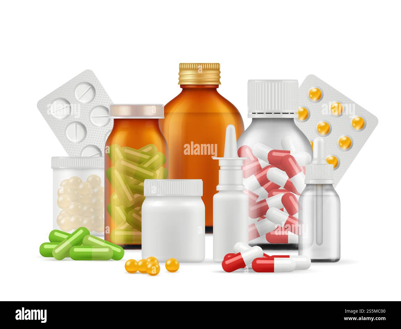 Medizinische Flaschen und Pillen. Medikamente Aspirin Antibiotika Tabletten Vektor realistisches Gesundheitskonzept. Illustration von Antibiotika-Pharmazeutika, Pille und Tablette, Vitamin und Aspirin. Medizinische Flaschen und Pillen. Medikamente Aspirin Antibiotika Tabletten Vektor realistisches Gesundheitskonzept Stock Vektor