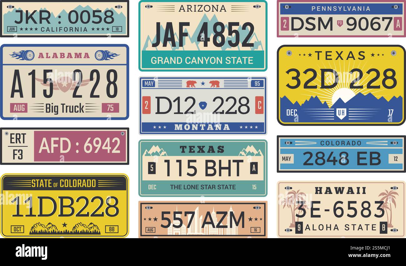 Autokennzeichen. Utah usa oder indiana andere staatliche Kfz-Zulassungsvorlage Vektor-Design. Abbildung: Automatische Nummernregistrierung, Führerschein Auto. Autokennzeichen. Utah usa oder indiana andere staatliche Kfz-Zulassungsvorlage Vektor-Design Stock Vektor