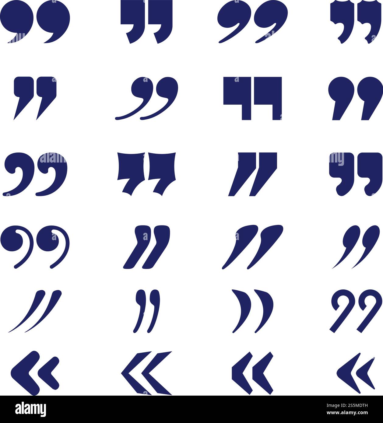 Anführungszeichen. Textvektortypographiesammlung zur Sprachpunktuation. Satzzeichen-Komma für Zitiersprache, Konversation und Dialogillustration. Anführungszeichen. Textvektortypographiesammlung zur Sprachpunktuation Stock Vektor