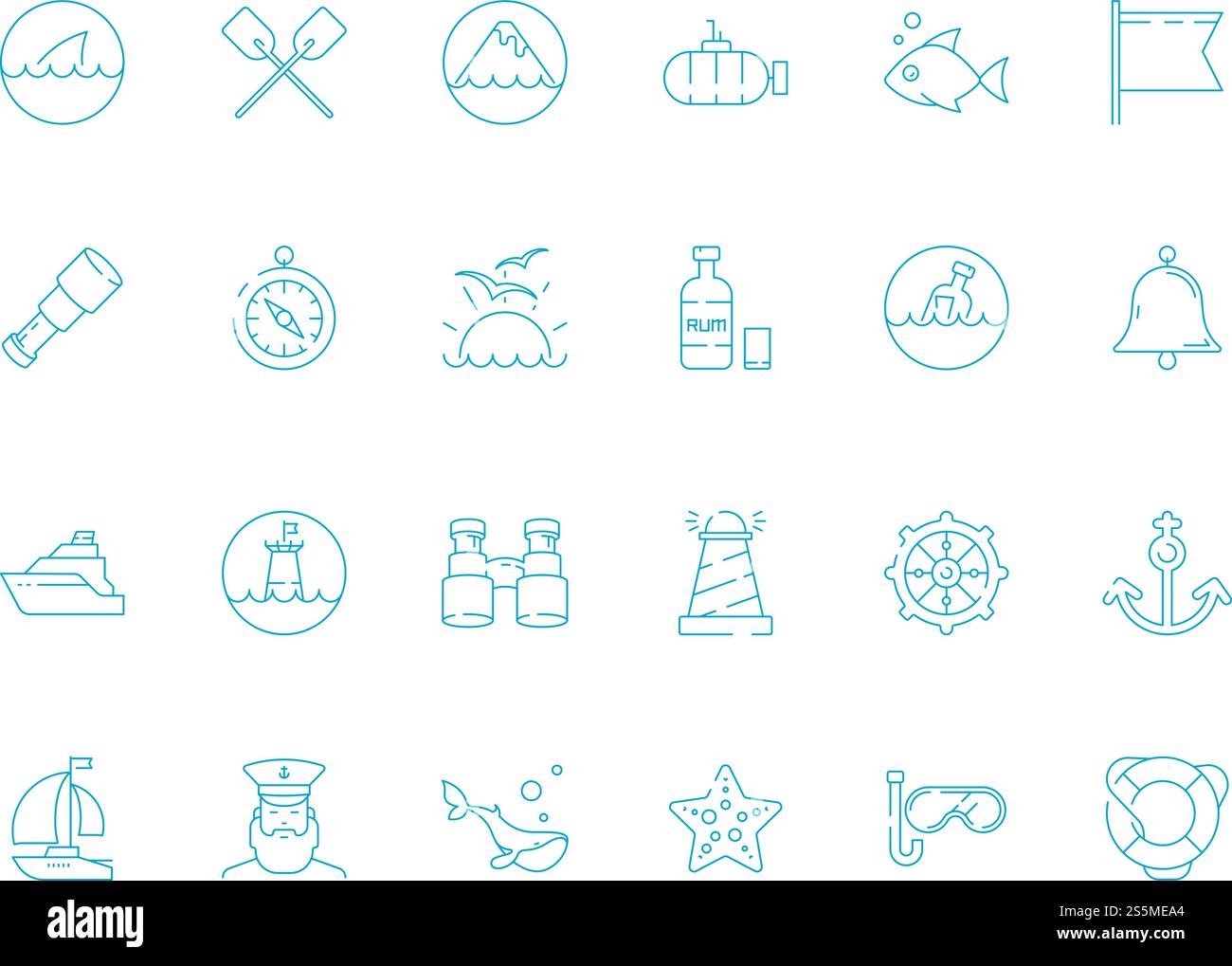 Marinesymbol. Nautische Symbole Segeln Knoten Seil Seefisch Segelboot Schiff Vektor dünne Bilder. Illustration der Symbole für Boote und Fische, Jachten und U-Boote. Marinesymbol. Nautische Symbole Segeln Knoten Seil Seefisch Segelboot Schiff Vektor dünne Bilder Stock Vektor