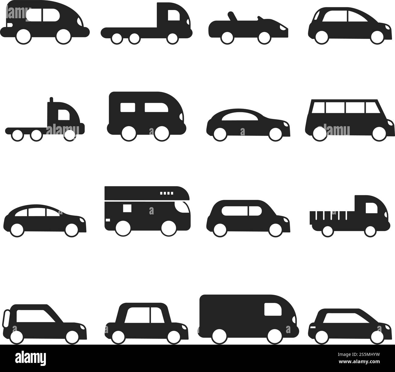 Auto-Silhouetten-Symbol. Art des Transportes Kleintransporter LKW suv Micro Van Vektor schwarze Symbole. Silhouette des automatischen Fließhecks, Illustration des Geländewagens im Kleinbus. Auto-Silhouetten-Symbol. Art des Transportes Kleintransporter LKW suv Micro Van Vektor schwarze Symbole Stock Vektor