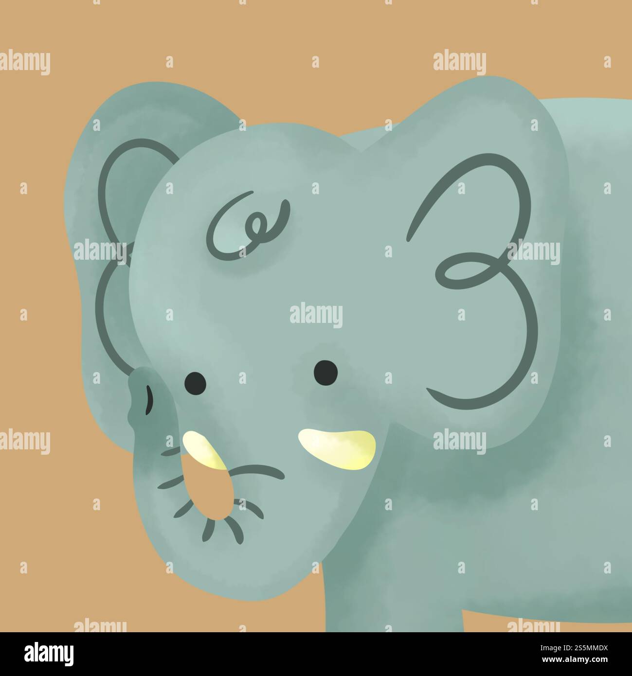 Entzückende Illustration eines Zeichentrickelefanten mit sanften Grüntönen auf beigefarbenem Hintergrund. Perfekt für Kinderdesigns und Dekorationen. Stockfoto