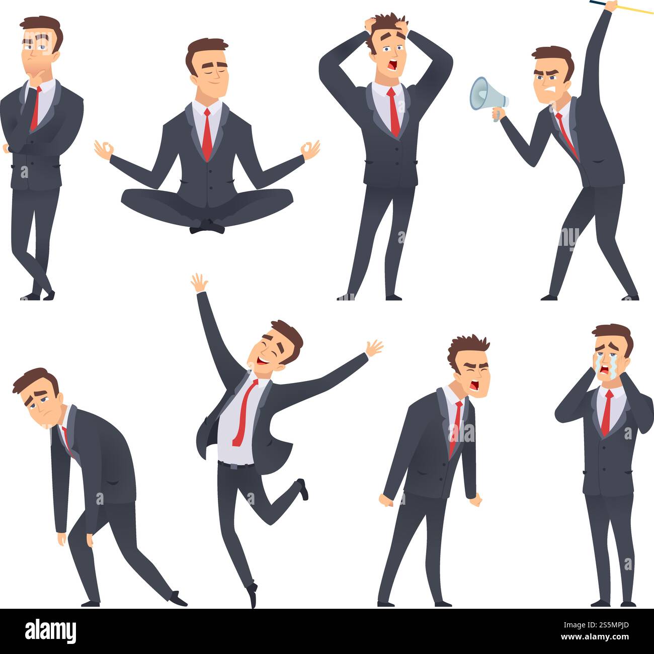 Emotionen von Geschäftsleuten. Wütend nett süß lächelnd glücklich befriedigte verschiedene Gesichter und Posen von Office Manager Vektorfiguren. Illustration eines Geschäftsmanns, der wütend und glücklich ist. Emotionen von Geschäftsleuten. Wütend nett süß lächelnd glücklich befriedigte verschiedene Gesichter und Posen von Office Manager Vektorfiguren Stock Vektor