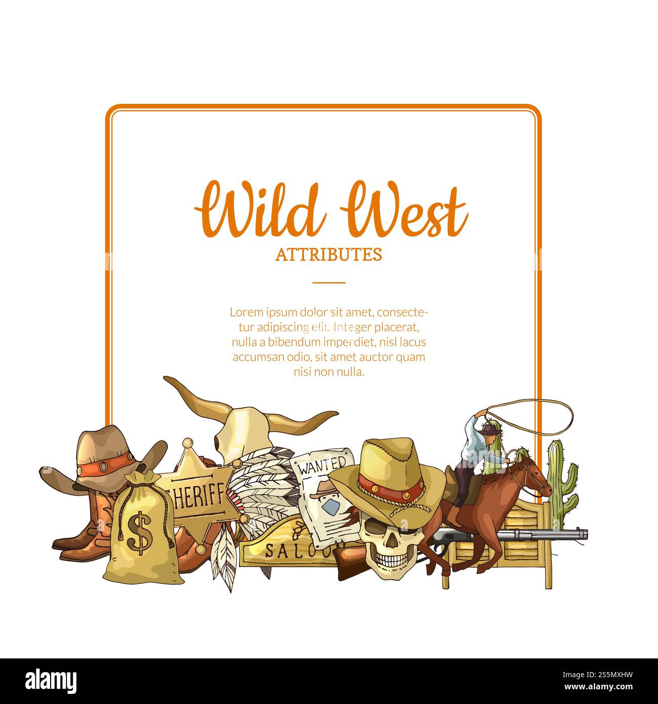Vektor Hand gezeichnete Wild West Cowboy Elemente unter Rahmen mit Platz für Textabbildung. West Cowboy und wildes Pferd, Sheriff american. Vektor Hand gezeichnete Wild West Cowboy Elemente unter Rahmen mit Platz für Textabbildung Stock Vektor