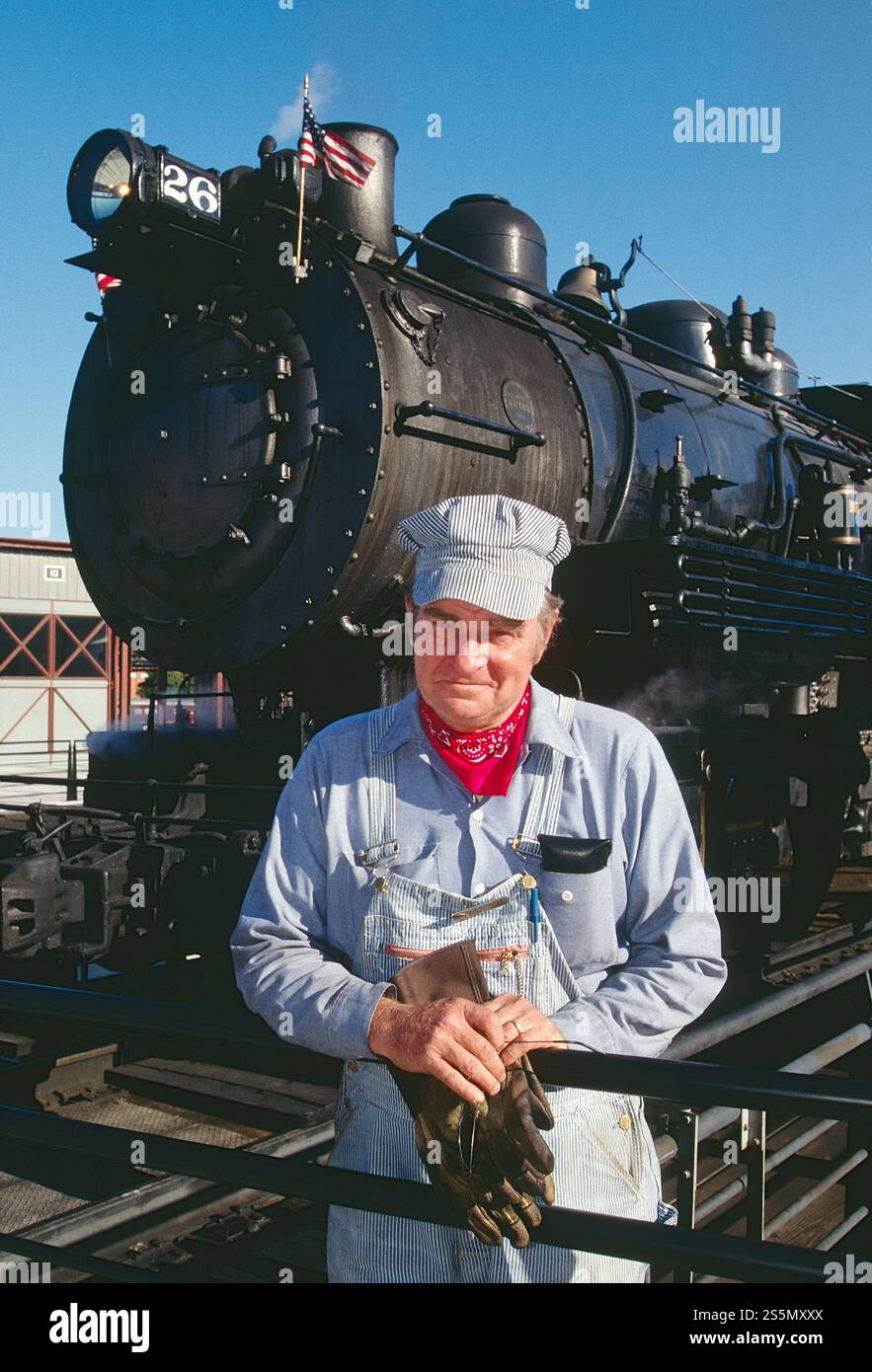 UMWELTPORTRÄT DES LOKOMOTIVINGENIEURS; NATIONALE HISTORISCHE STÄTTE VON STEAMTOWN Stockfoto