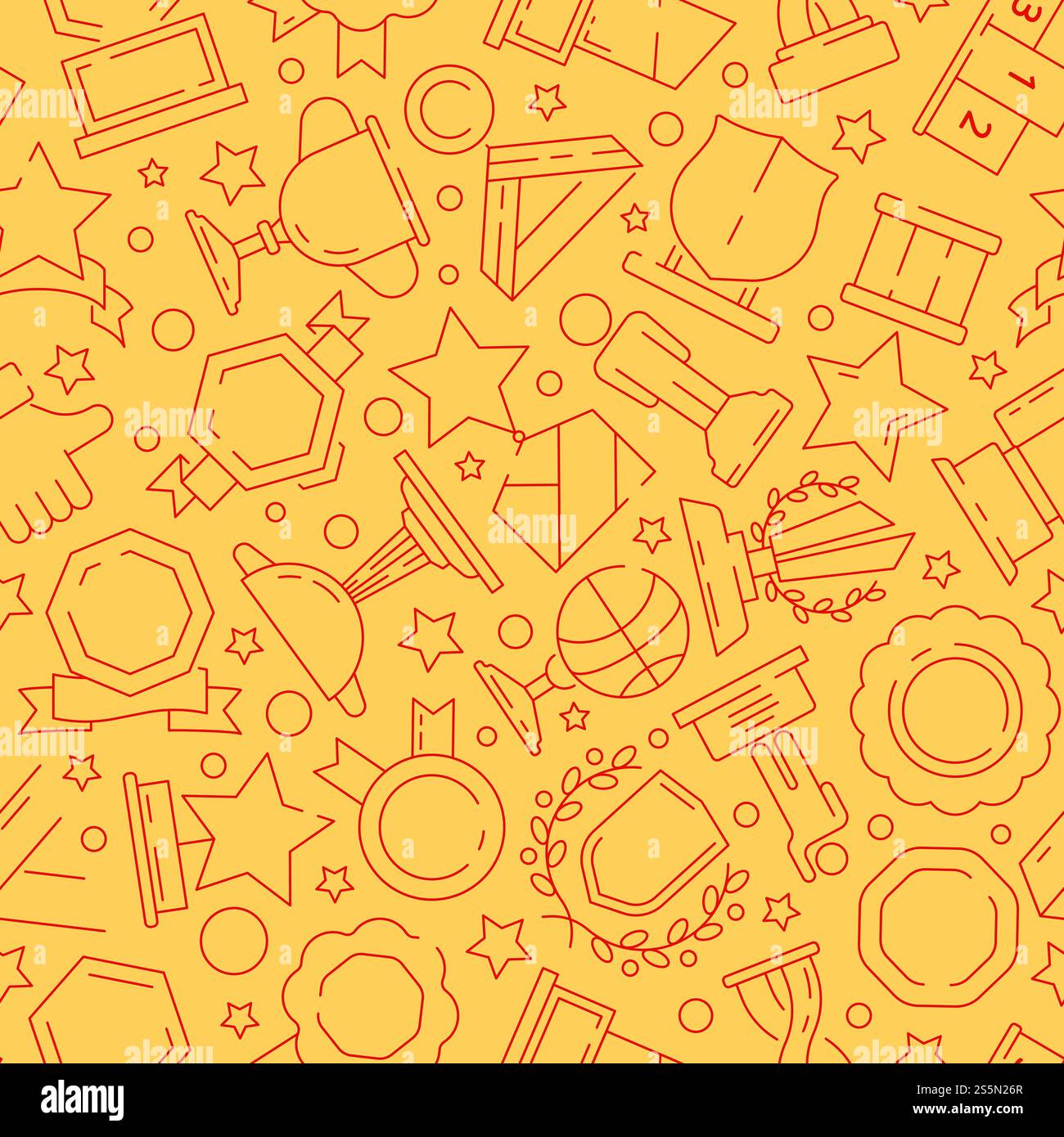 Trophäenmuster. Sportsieger belohnt Medaillen und Cups Textil Textur Vektor nahtloser Hintergrund dünne Linien Symbole. Illustration von Erfolg und Gewinner, Erfolg Champion Cup. Trophäenmuster. Sportsieger belohnt Medaillen und Cups Textil Textur Vektor nahtloser Hintergrund dünne Linien Symbole Stock Vektor