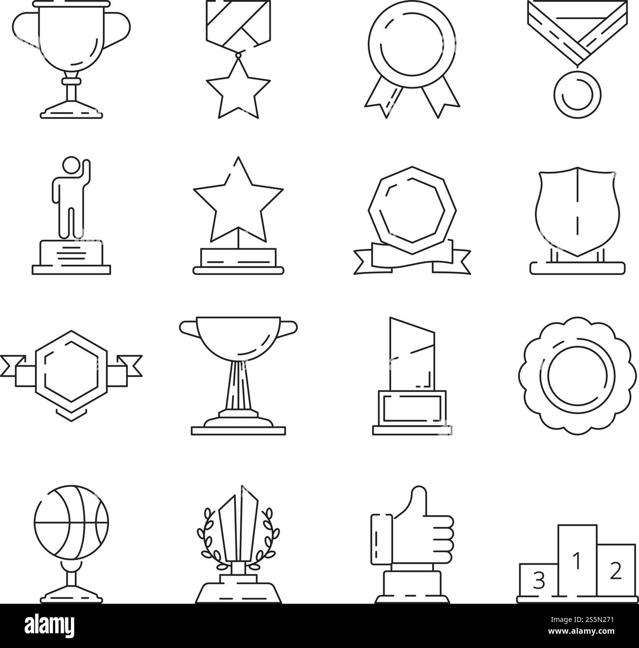 Symbol für erfolgreiche Prämie. Siegerbecher und Trophäen Medaillen und Bänder Vektor dünne Linien Symbole. Illustration von Trophäe und Preis, Belohnung und Auszeichnung für den Wettbewerb. Symbol für erfolgreiche Prämie. Siegerbecher und Trophäen Medaillen und Bänder Vektor dünne Linien Symbole Stock Vektor