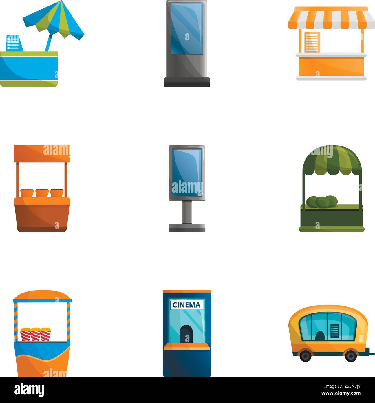 Straßenladen-Symbolsatz. Zeichentricksatz von 9 Straßenladen-Vektorsymbolen für Webdesign isoliert auf weißem Hintergrund. Straßenladen-Icon-Set, Cartoon-Stil Stock Vektor