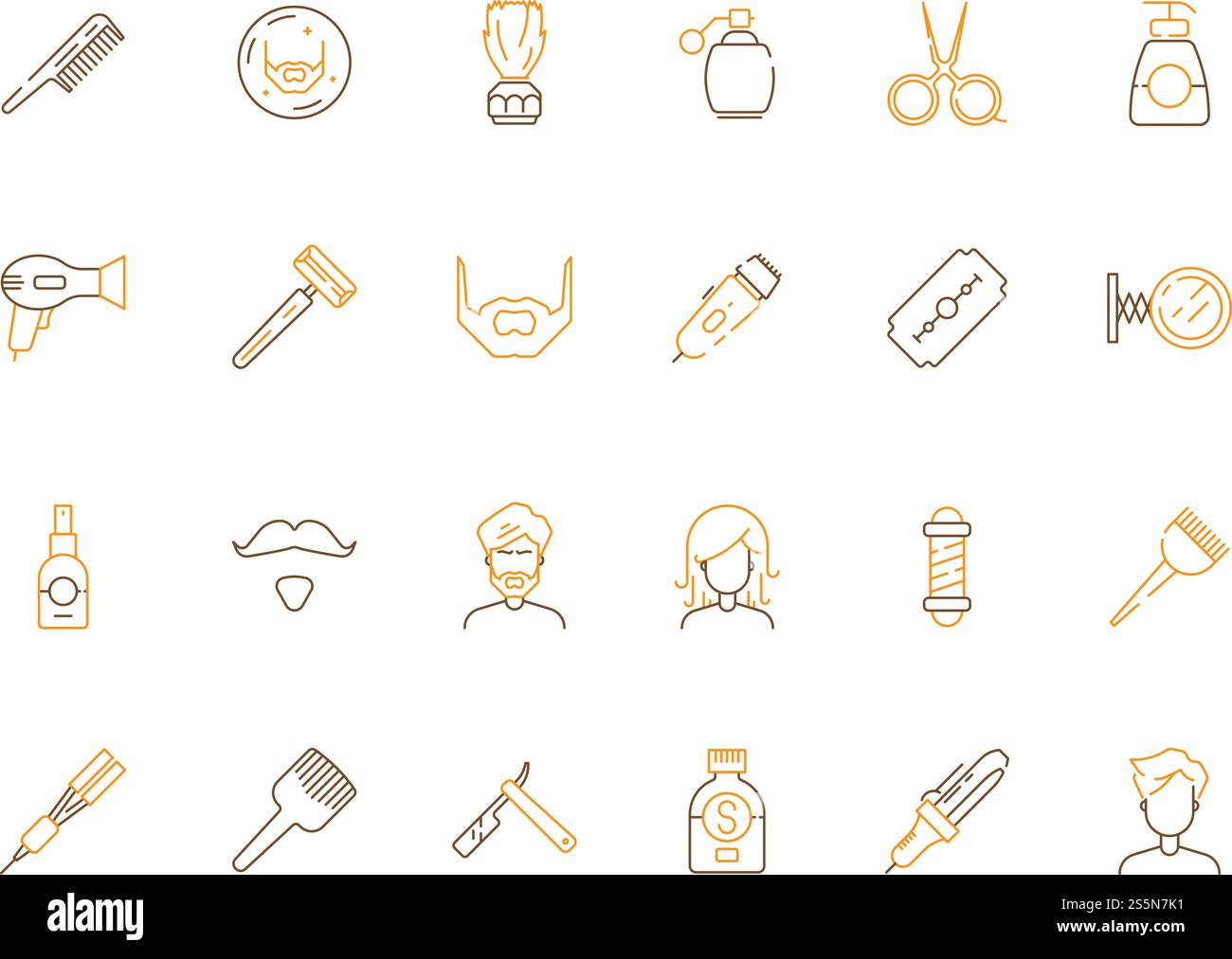 Schönheitssalon-Symbol. Haarschnitt und Friseur Zubehör Schere Kammschneiden und Rasieren Vektor farbige Symbole. Friseur, Bart- und Schnurrbart-Trimmen Illustration. Schönheitssalon-Symbol. Haarschnitt und Friseur Zubehör Schere Kammschneiden und Rasieren Vektor farbige Symbole Stock Vektor