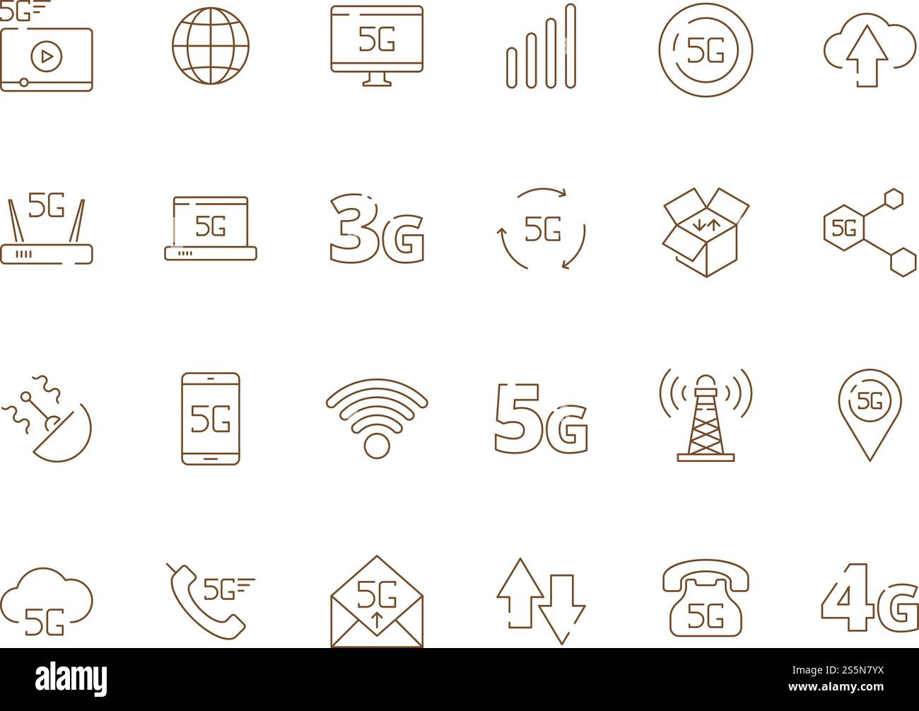 5g-Symbole. Internet mobile Sicherheit drahtlose 4g Signal Telekommunikation neue Technologie kostenlose wifi Vektorsymbole. Abbildung: Kostenloses Wireless-Signal, Internetverbindung 4g und 5g. 5g-Symbole. Internet mobile Sicherheit drahtlose 4g Signal Telekommunikation neue Technologie kostenlose wifi Vektorsymbole Stock Vektor