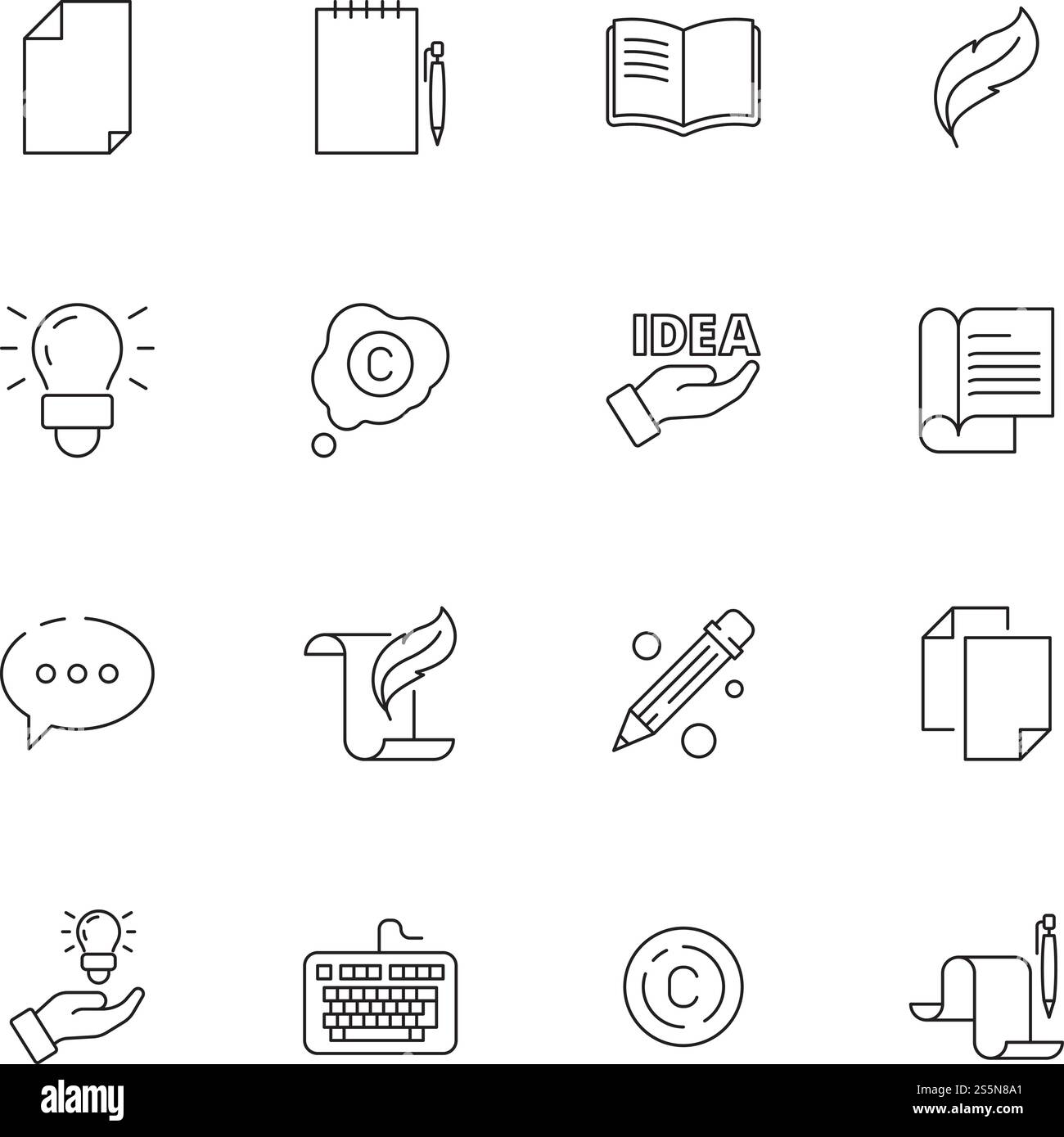 Copywriting-Symbol. Schreiben kreativer Artikel Buch Stift Symbole Bloggen Schriftsteller Vektor dünne Linien Bilder. Texter-Blog und Ideenillustration. Copywriting-Symbol. Schreiben kreativer Artikel Buch Stift Symbole Bloggen Schriftsteller Vektor dünne Linien Bilder Stock Vektor