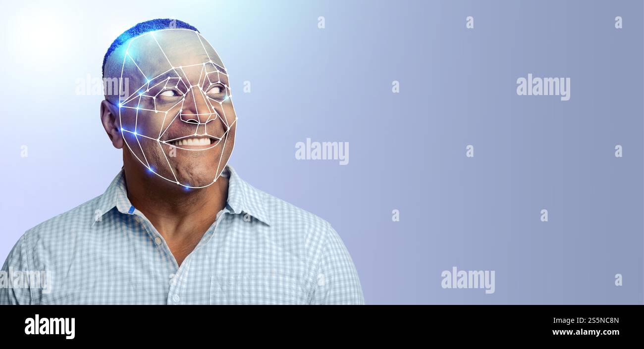 Eine Person mit einem Lächeln zeigt Gesichtserkennungstechnologie auf ihrem Gesicht Stockfoto