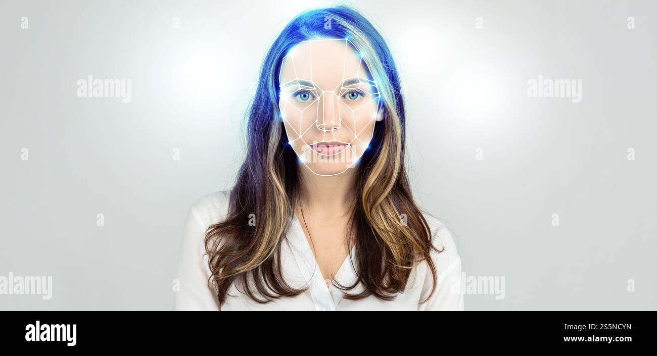 Moderne Gesichtserkennungstechnologie zur Demonstration von Identifizierungsprozessen Stockfoto