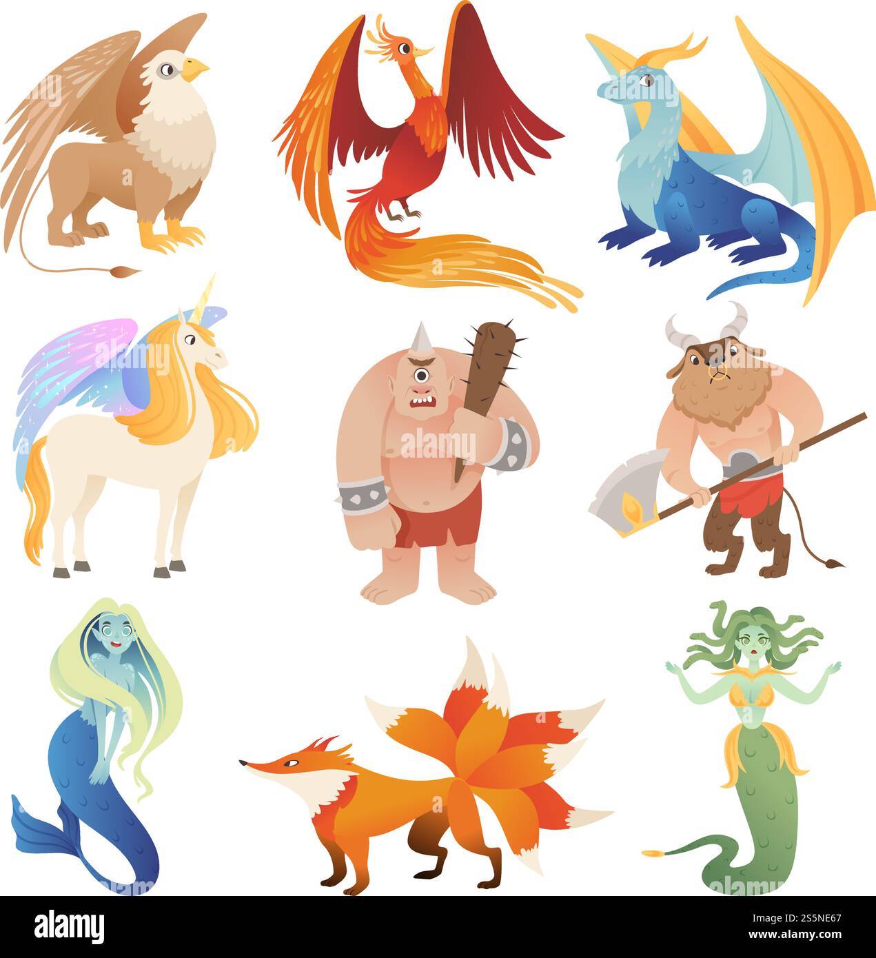 Fantastische Kreaturen. Phoenix-Drachen-Hybridtiere fliegende Löwen Minotaur-Zentaur-Vektor-Karikaturbilder. Illustration von Monster und Meerjungfrau, Einhorn und medusa, phönix und Minotaur. Fantastische Kreaturen. Phoenix-Drachen-Hybridtiere fliegende Löwen Minotaur-Zentaur-Vektor-Karikaturbilder Stock Vektor