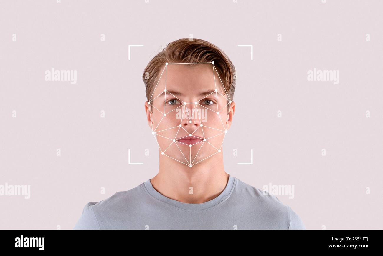 Gesichtserkennungstechnologie, die die Identifizierung des Gesichts einer Person demonstriert Stockfoto