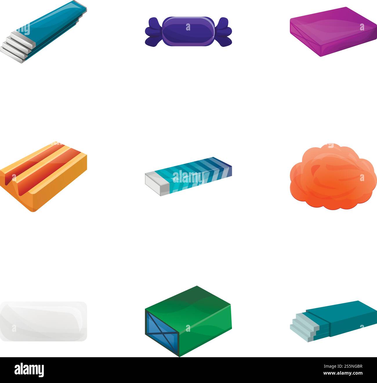 Set mit süßem Kaugummi. Zeichentricksatz von 9 süßen Gummi Vektor-Icons für Web-Design isoliert auf weißem Hintergrund. Set mit süßem Kaugummi-Symbol, Cartoon-Stil Stock Vektor