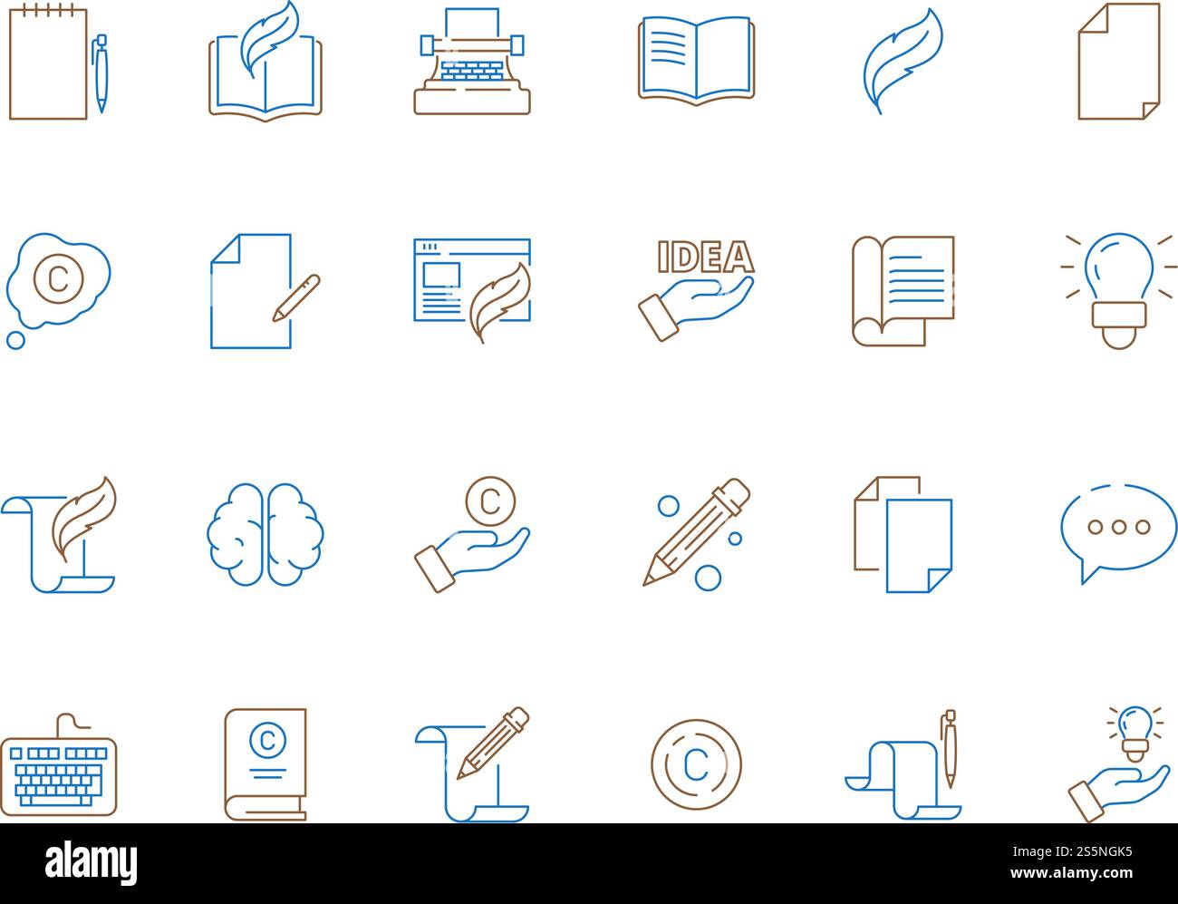 Copywriting-Symbol. Werkzeuge für Schriftsteller Artikel Federstift Zeitung Inhalt Bücher Vektor dünne Linie farbige Symbole. Illustration von Content-Blogs, Texten und Bloggen. Copywriting-Symbol. Werkzeuge für Schriftsteller Artikel Federstift Zeitung Inhalt Bücher Vektor dünne Linie farbige Symbole Stock Vektor