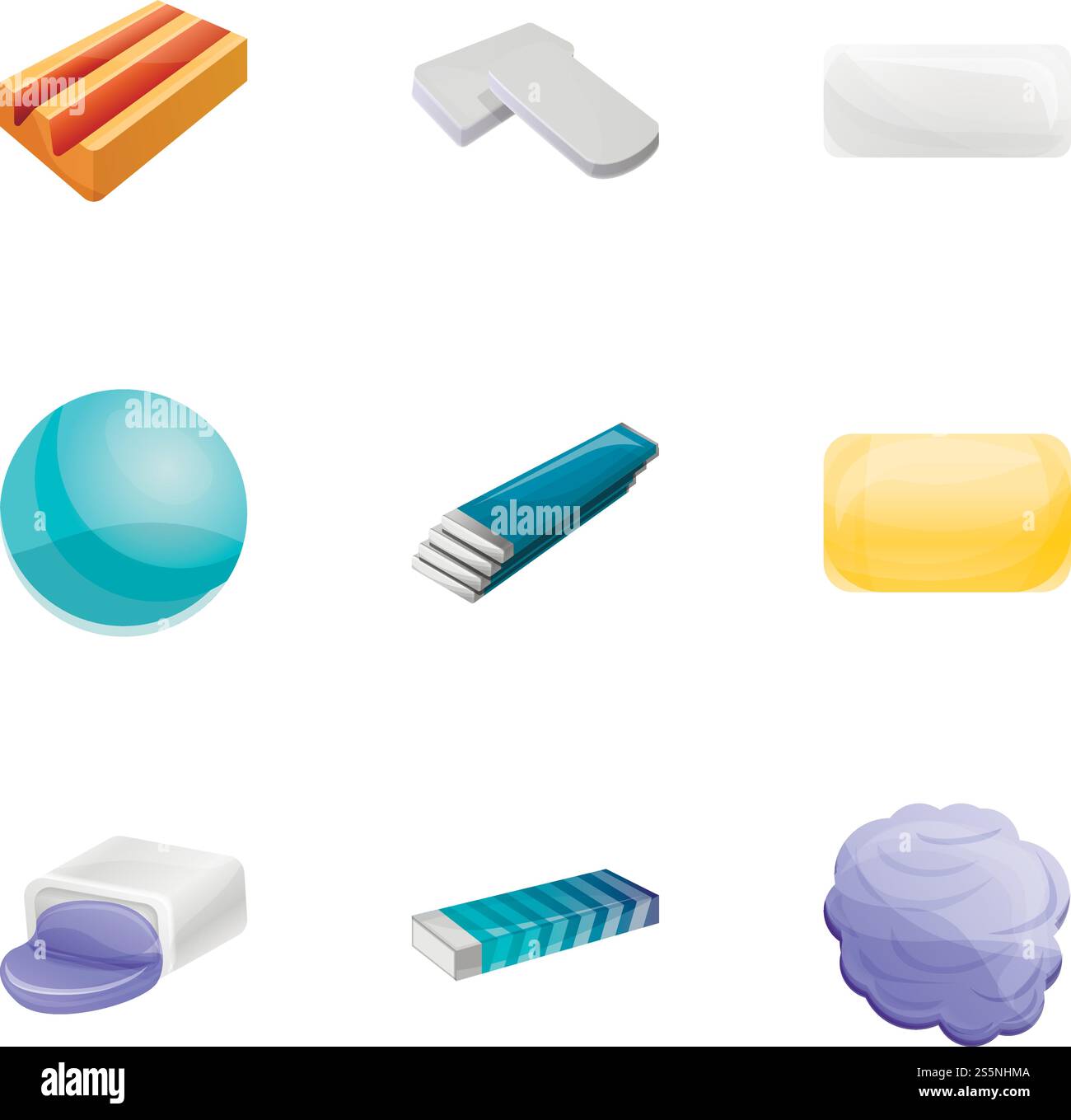 Kaugummi-Symbol-Set. Zeichentricksatz von 9 Kaugummi-Vektor-Icons für Webdesign isoliert auf weißem Hintergrund. Kaugummi-Symbol-Set, Cartoon-Stil Stock Vektor