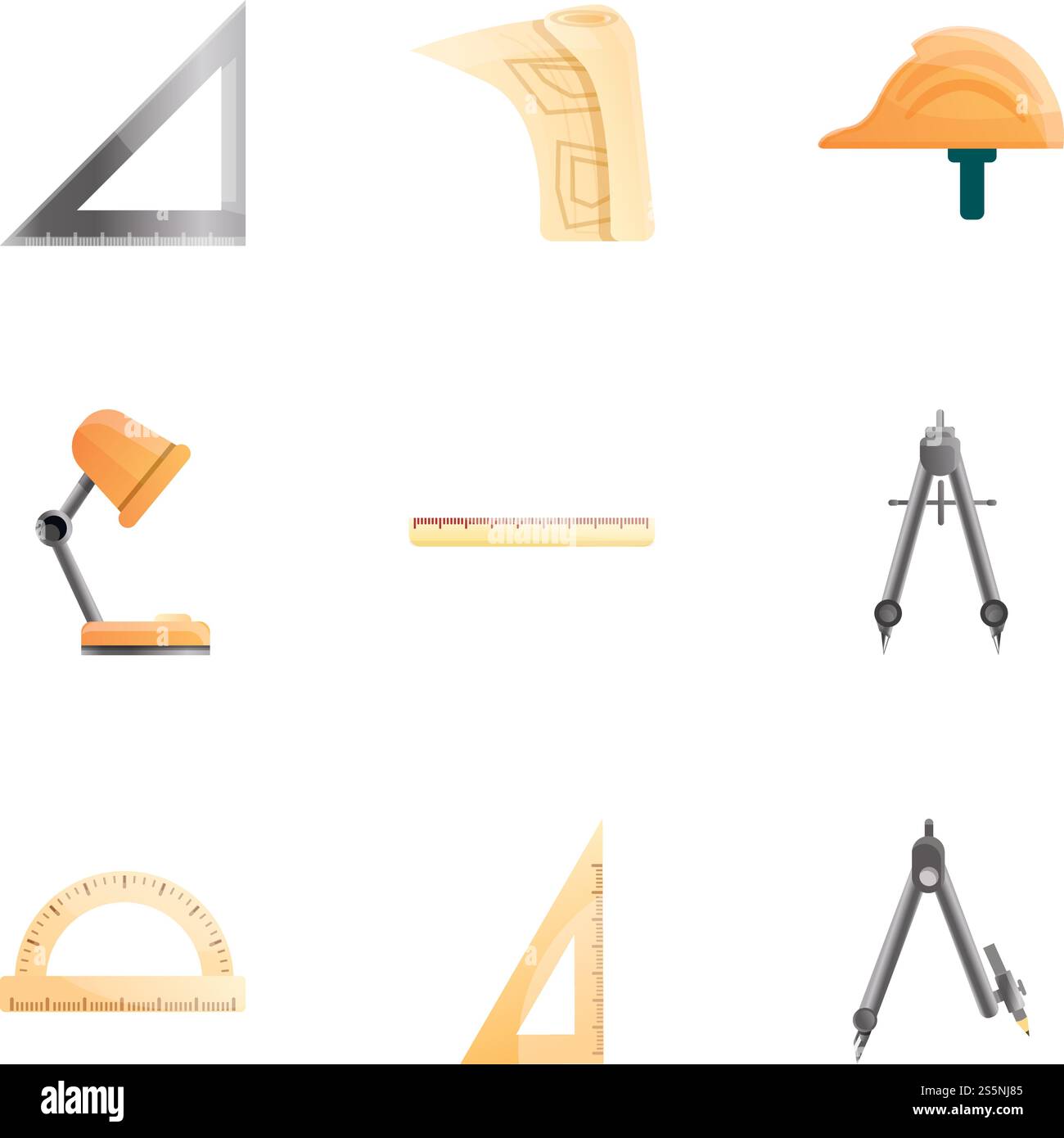 Symbolsatz Architect Equipment. Zeichentricksatz von 9 Architekten-Ausrüstungsvektorsymbolen für Webdesign isoliert auf weißem Hintergrund. Architektenausrüstung Iconset, Cartoon-Stil Stock Vektor
