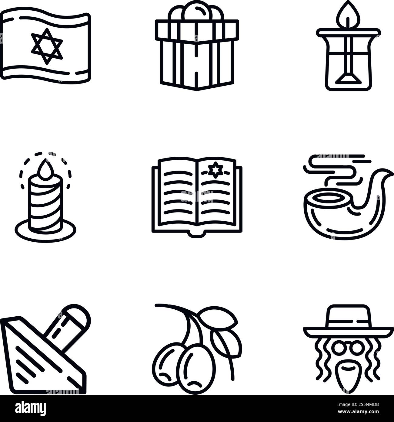 Symbolgruppe für Objekte des Judentums. Kontursatz von 9 jüdischen Objekten Vektorsymbolen für Webdesign isoliert auf weißem Hintergrund. Judaismusobjekte Symbolgruppe, Umrissstil Stock Vektor