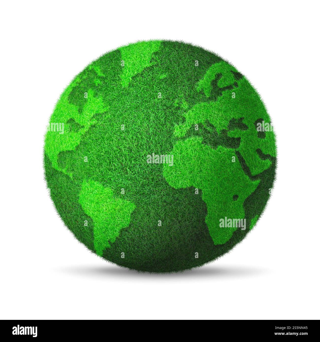 Weltkugel bedeckt mit grünem Gras isoliert auf weißem Hintergrund. Umweltschutzsymbol. 3D-Abbildung. Weltkugel mit Grün bedeckt Stockfoto