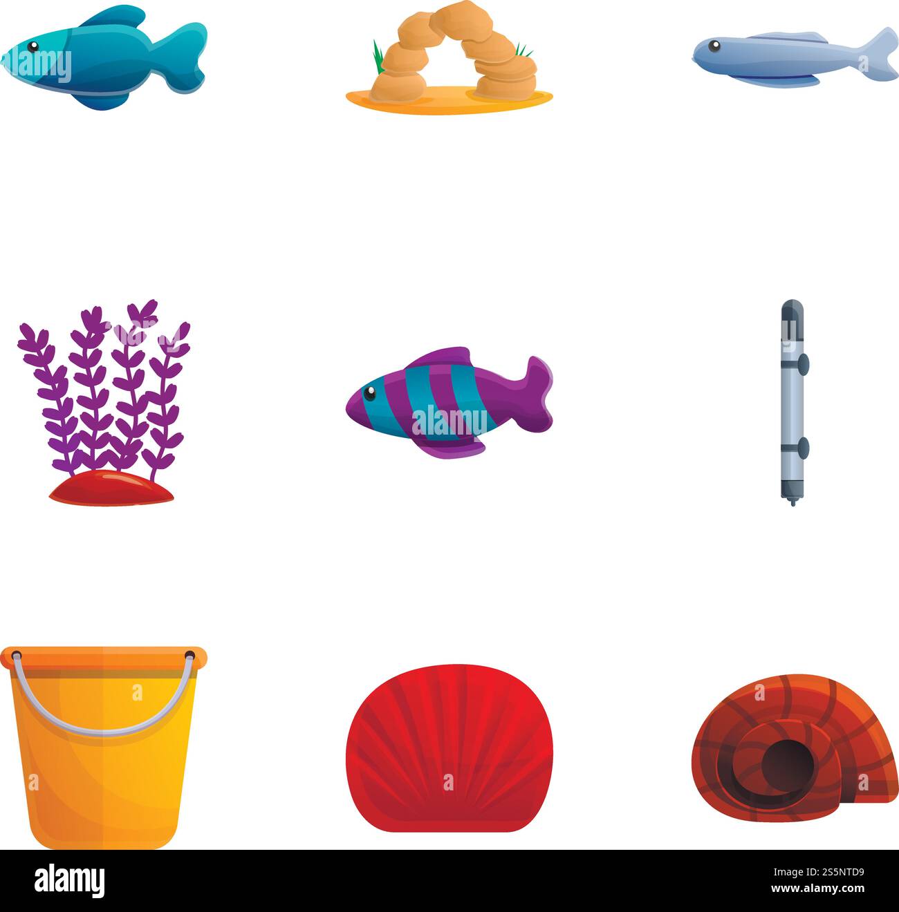 Aquarium-Symbol-Set. Zeichentricksatz von 9 Aquarium-Vektor-Icons für Web-Design isoliert auf weißem Hintergrund. Aquarium Icon Set, Zeichentrickstil Stock Vektor
