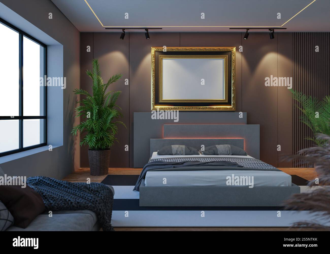 3D-Illustration, Modellfotorahmen an der Wand des Schlafzimmers, Innenraum von komfortabel mit Luxus und schönen Möbeln, Rendering Stockfoto