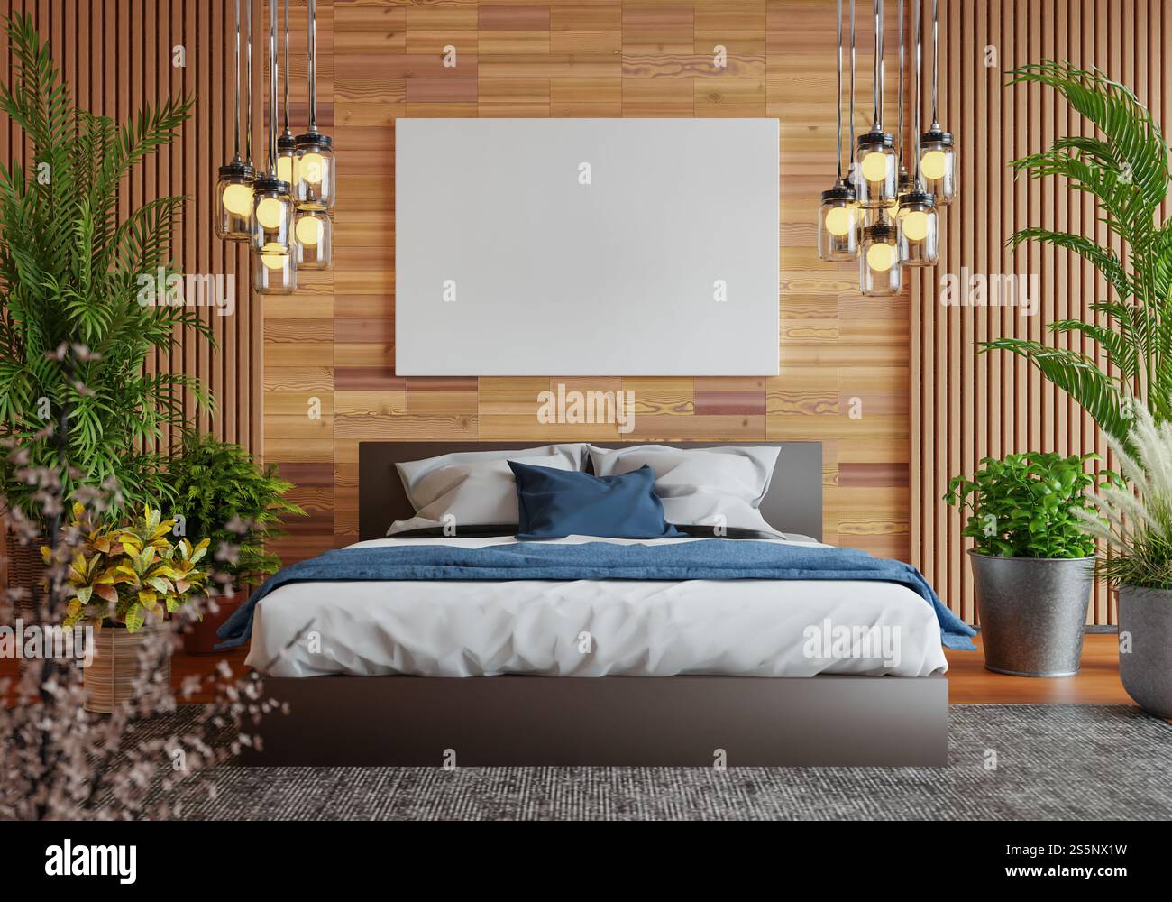 3D-Illustration, Modellfotorahmen an der Wand des Schlafzimmers, Innenraum von komfortabel mit Luxus und schönen Möbeln, Rendering Stockfoto