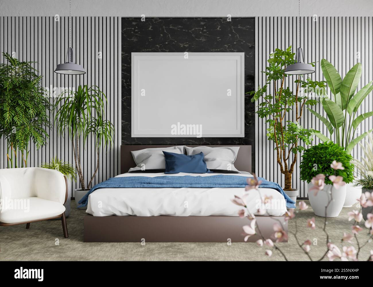 3D-Illustration, Modellfotorahmen an der Wand des Schlafzimmers, Innenraum von komfortabel mit Luxus und schönen Möbeln, Rendering Stockfoto
