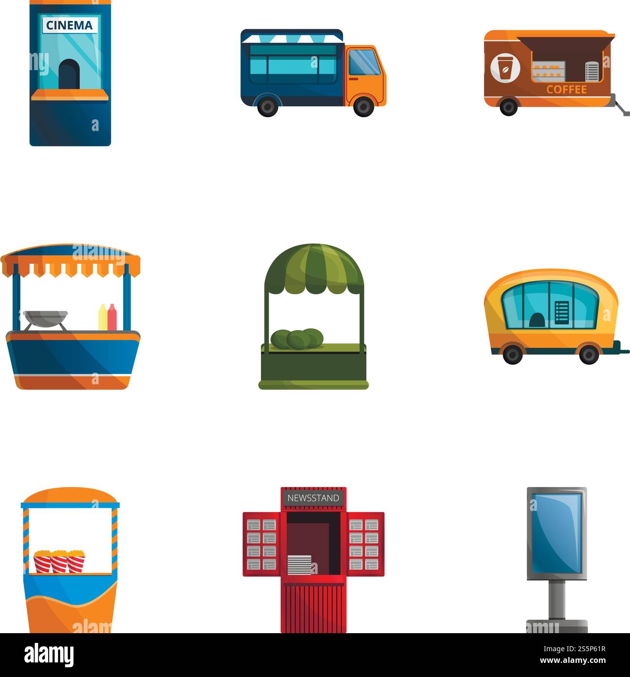 City Street Shop Icon Set. Zeichentricksatz von 9 City Street Shop Vektor-Icons für Webdesign isoliert auf weißem Hintergrund. City Street Shop Icon Set, Cartoon Stil Stock Vektor