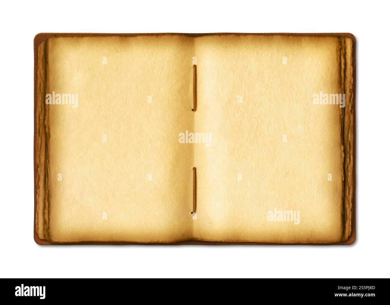 Altes offenes mittelalterliches Buch mit abgenutzten Pergamentblättern. Leeres strukturiertes Manuskript, Kopierraum. Isoliert auf weißem Hintergrund. Altes offenes mittelalterliches Buch mit Stockfoto