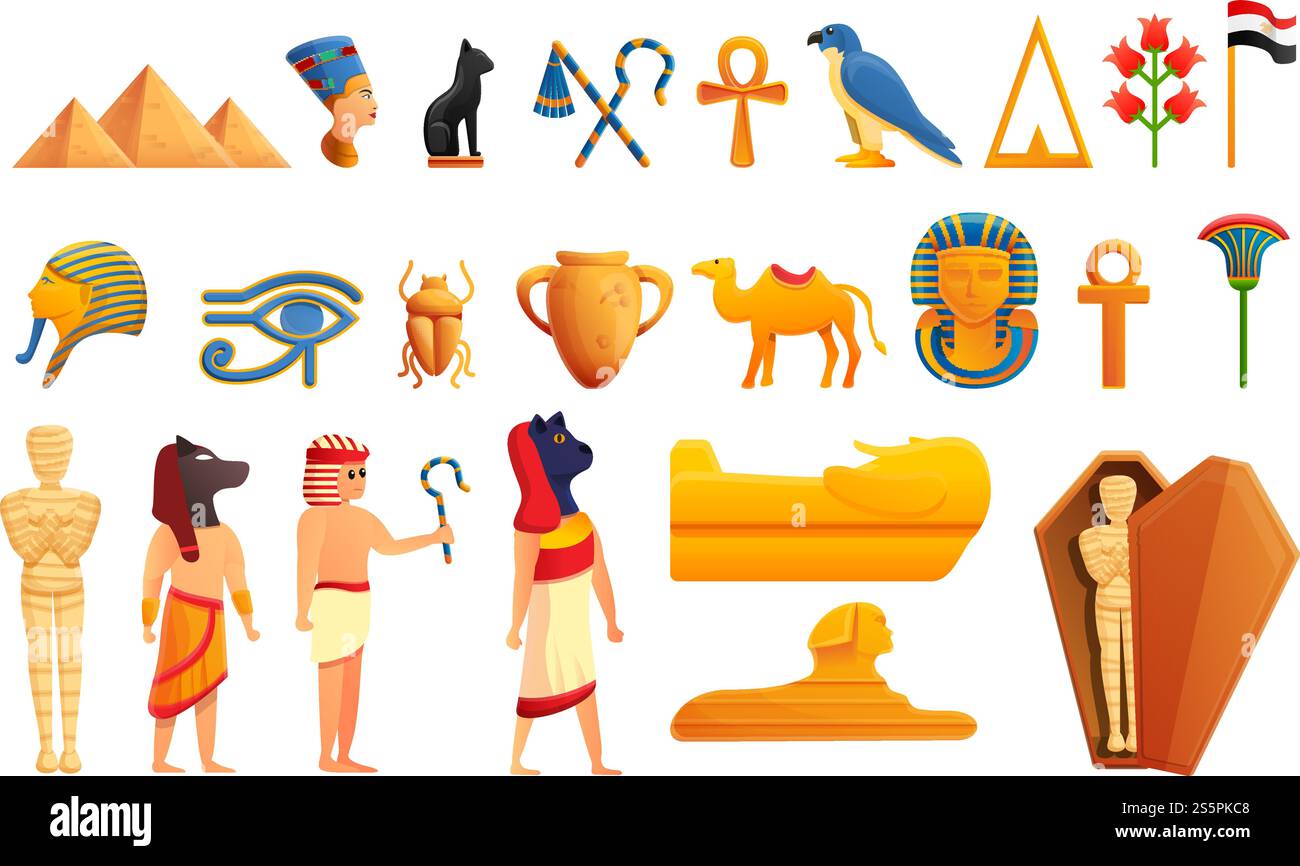 Ägypten Symbole gesetzt. Zeichentricksatz von Ägypten Vektor-Icons für Web-Design. Ägypten-Ikonen Set, Cartoon-Stil Stock Vektor