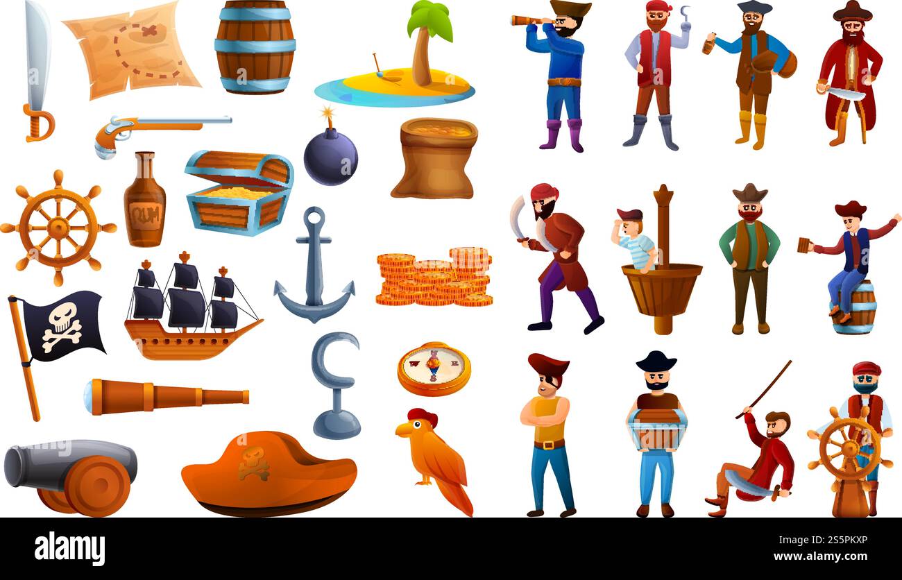 Piratensymbole gesetzt. Zeichentrickserie mit Piratenvektorsymbolen für Webdesign. Piratensymbole Set, Zeichentrickstil Stock Vektor