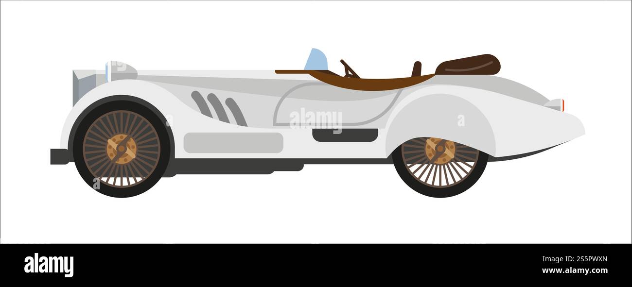 Retro-Sportwagen oder Oldtimer-Rennwagen. Altes altes, altmodisches Sammlerauto mit offenem Cabrio-Stil. Symbol für abgewickelte Vektoren isoliert. Retro Sportwagen alte Vintage Rennsportwagen Sammler Wehicle Vektor flache Symbol Stock Vektor