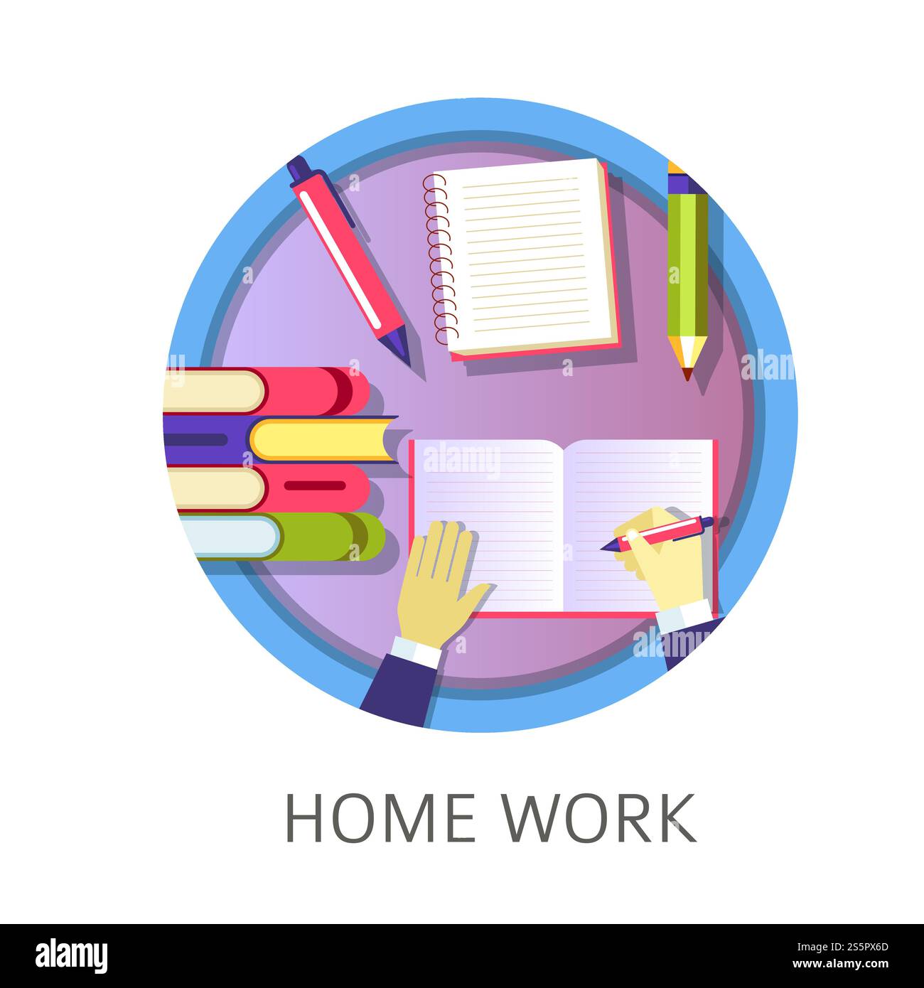 Hausstudentin schreibt im Lehrbuch, studiert aus Büchern und erlangt Wissensvektor. Schüler mit Notizbüchern und Schulbedarf. Beschäftigte Mitarbeiter am Arbeitsplatz lösen Probleme beim Verfassen von Text. Hausstudentin schreibt im Lehrbuch, studiert aus Büchern Stock Vektor