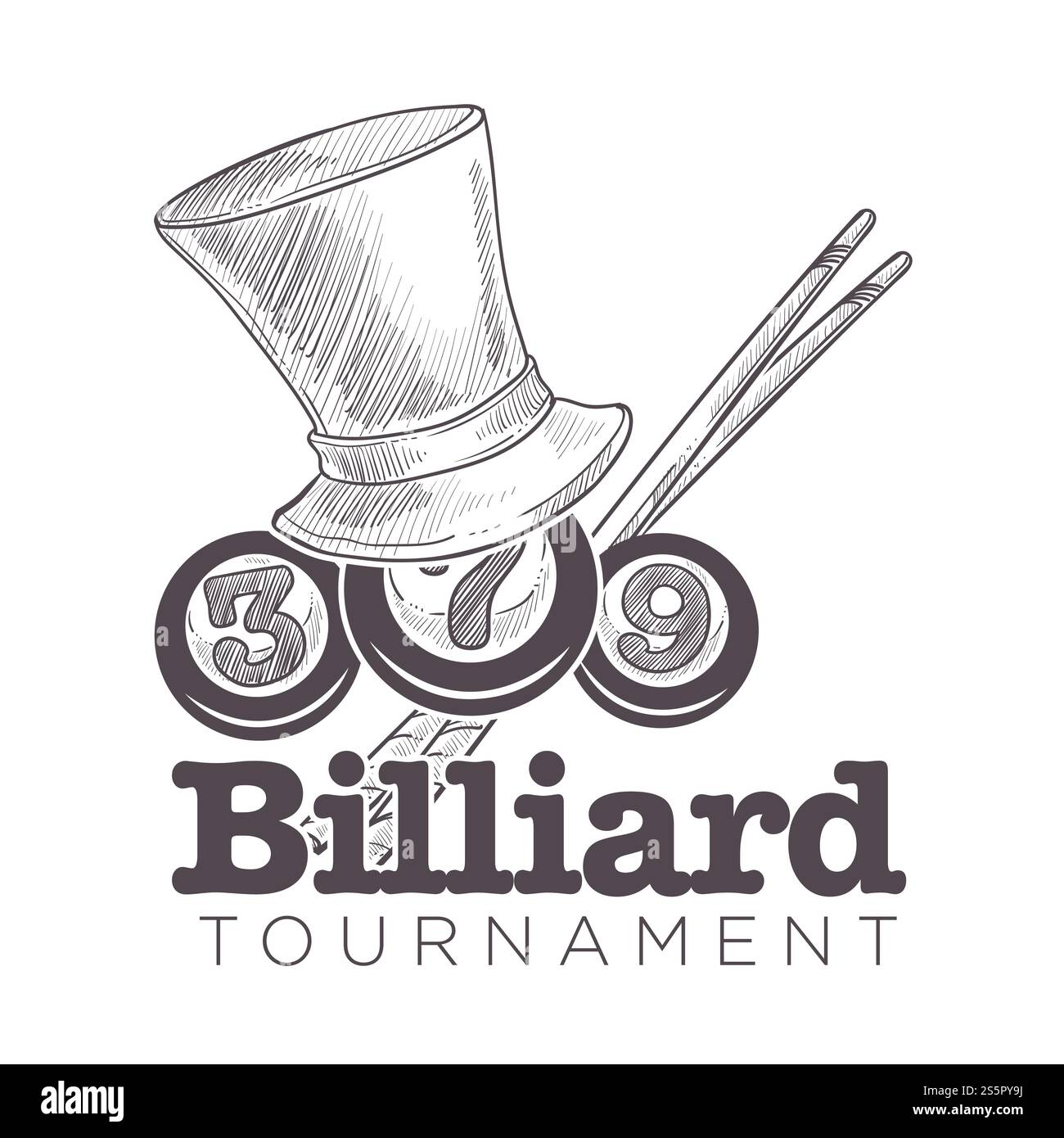 Pool-Raum-Logo monochrome Skizze Umrissvektor. Sportspiel, Turnier und Unterhaltung. Königliche Art des Glücksspiels, Billardspiele mit Bällen und Queues, Hobby und Freizeit für Herren. Billardlogo monochrome Skizze Umrissvektor Illustration. Stock Vektor